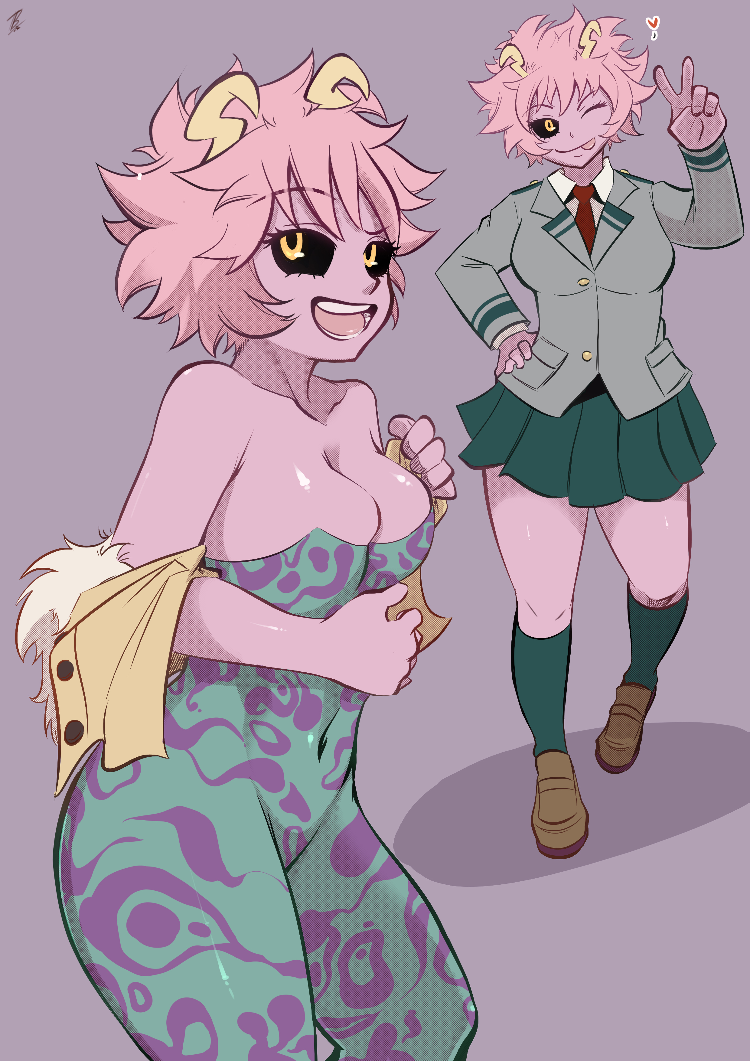 ;p, 1girls, ass, black sclera, breasts, cleavage, demonneko, fat ass, female, hero outfit (mha), horns, large breasts, messy hair, midriff, mina ashido, my hero academia, navel, pink hair, pink-haired female, school uniform, short hair, skin tight, skirt, smile, solo, teenager, thick thighs, tongue, tongue out, v, wide hips, wink, yellow eyes