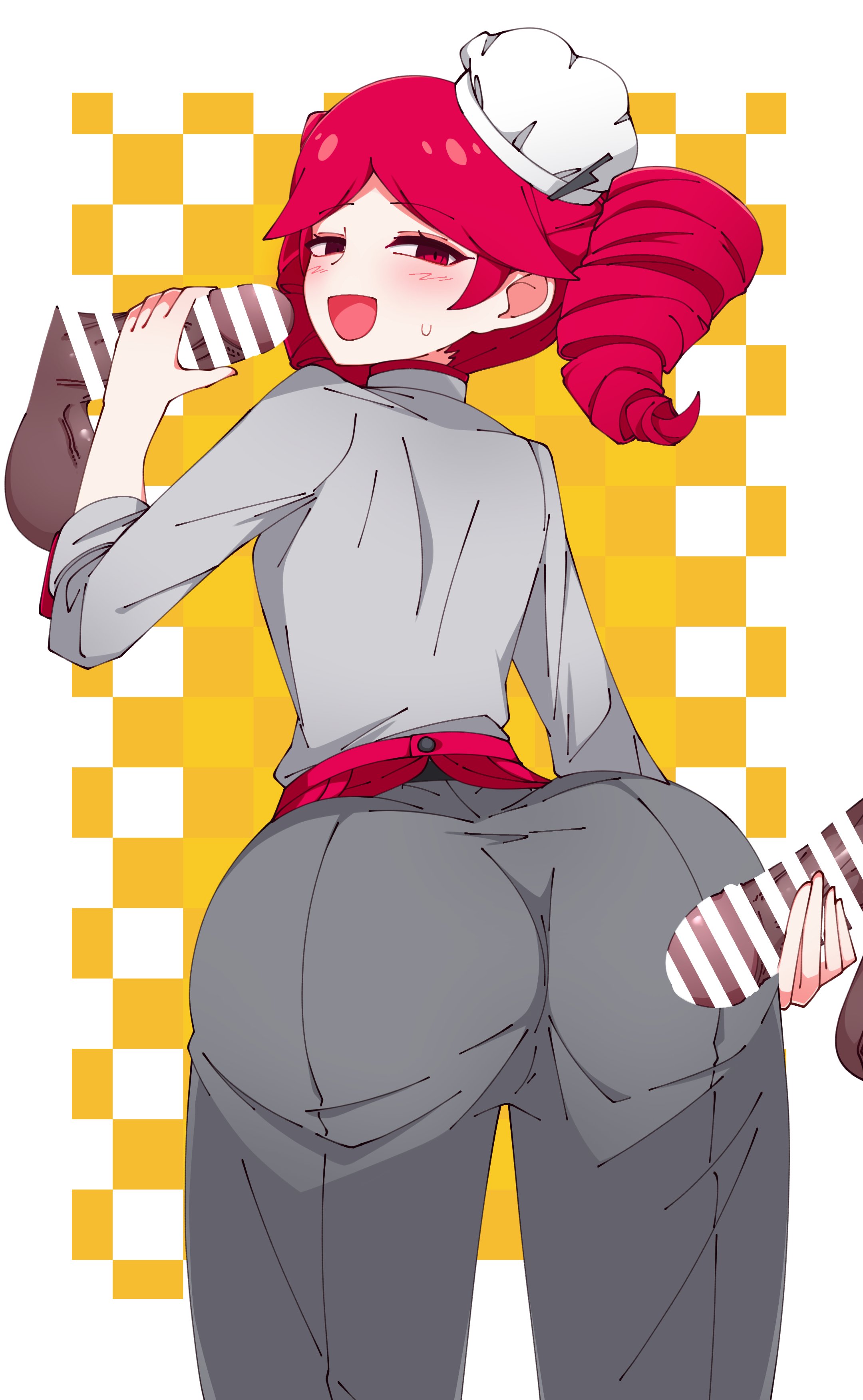1girls, 2boys, 2d, 2d (artwork), ass, back, back view, big ass, blush, censored, censored penis, chef hat, clothed, clothed female, clothing, female, fully clothed, handjob, huge ass, huge cock, kasane teto, kasane teto (sv), large ass, looking at viewer, male, nazunobasho, obsolete meat, open mouth, pants, penis, red eyes, red hair, simple background, straight, suggestive look, sweat, sweating, synthesizer v, twin drills, utau, wide hips