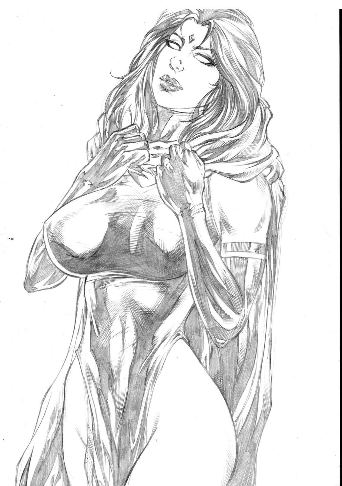 1girls ass azarathian big_breasts breasts cape curvaceous curvy dc dc_comics demon_girl ed_benes_studio female female_only forehead_jewel gloves greyscale hood loincloth monochrome nipple_bulge nipples pinup rachel_roth raven_(dc) short_hair sketch solo superheroine teen_titans thighs voluptuous white_eyes