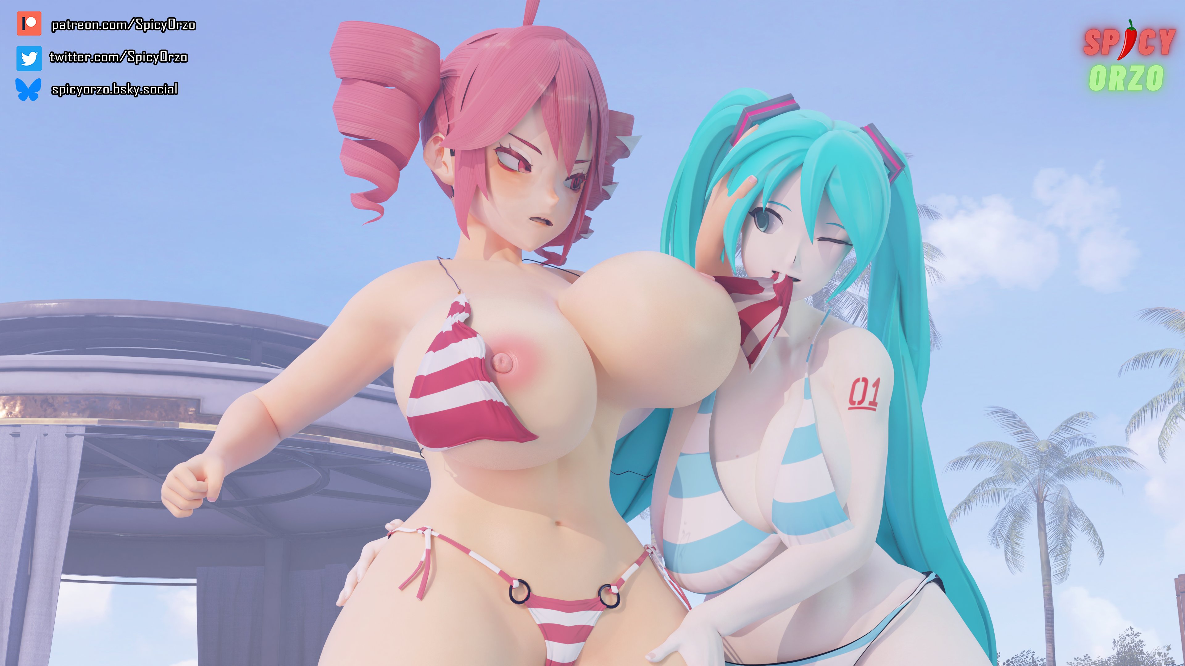 2girls, 3d, alternate breast size, aqua hair, bikini, blue hair, breasts, crossover, day, drill hair, female, female only, hatsune miku, huge breasts, kasane teto, long hair, misterorzo, multiple girls, navel, nipples, one eye closed, outdoors, red eyes, red hair, sky, spicyorzo, striped, striped bikini, swimsuit, tagme, tattoo, tree, twin drills, twintails, utau, very long hair, vocaloid, voluptuous, wardrobe malfunction, yuri