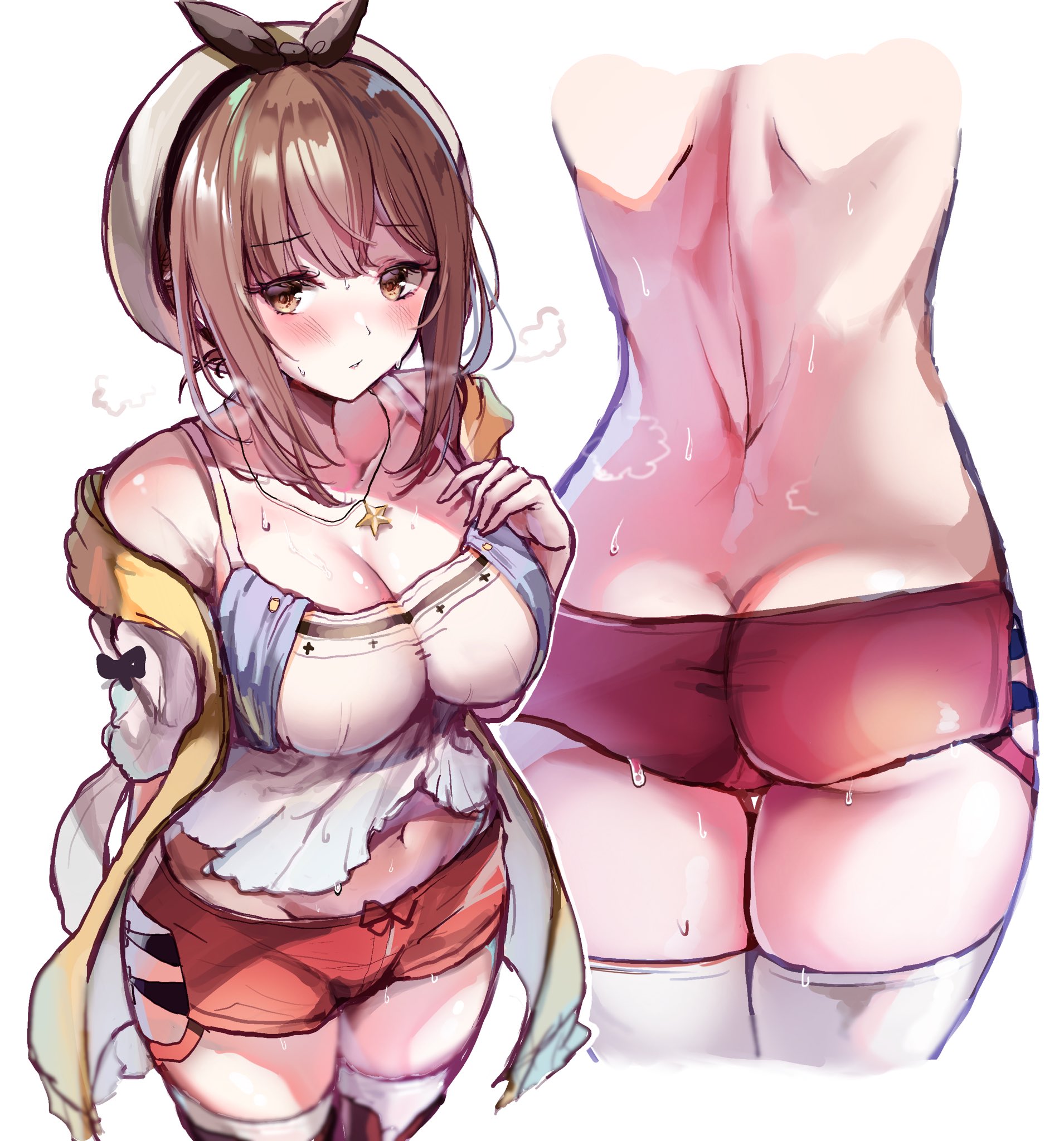 1girls, absurdres, ass, atelier (series), atelier ryza, back, blush, breasts, brown eyes, brown hair, cleavage, clothed, collarbone, eyebrows visible through hair, female, hair, hair ornament, hairclip, hat, highres, large breasts, midriff, navel, red shorts, reisalin stout, sak (lemondisk), short hair, short shorts, shorts, solo, sweat, thighhighs, thighs, white headwear, white legwear
