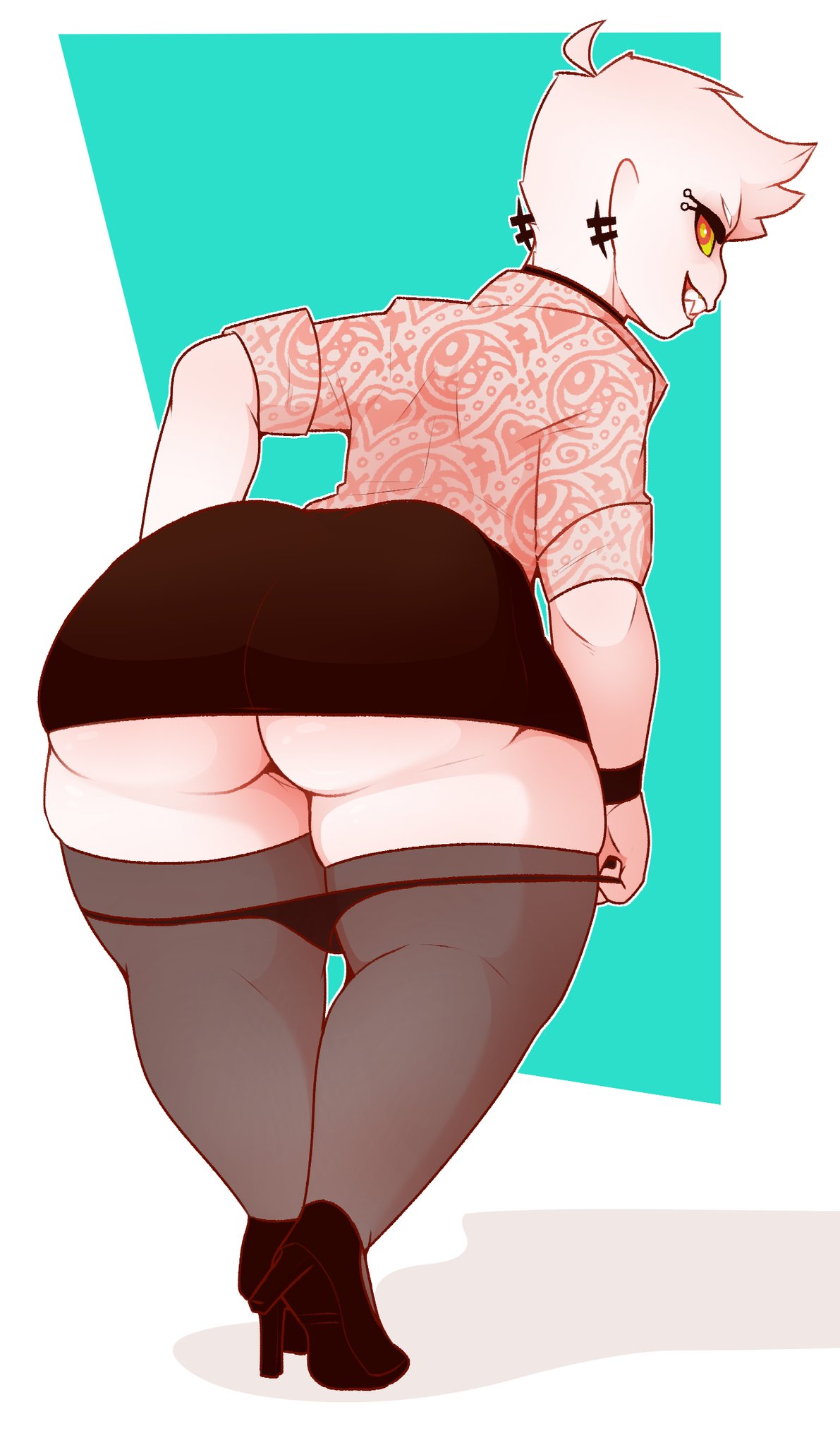 1girls ass big_ass dabble female female_only looking_at_viewer looking_back simple_background solo sugar_(dabbledraws) thick_thighs thighhighs white_background