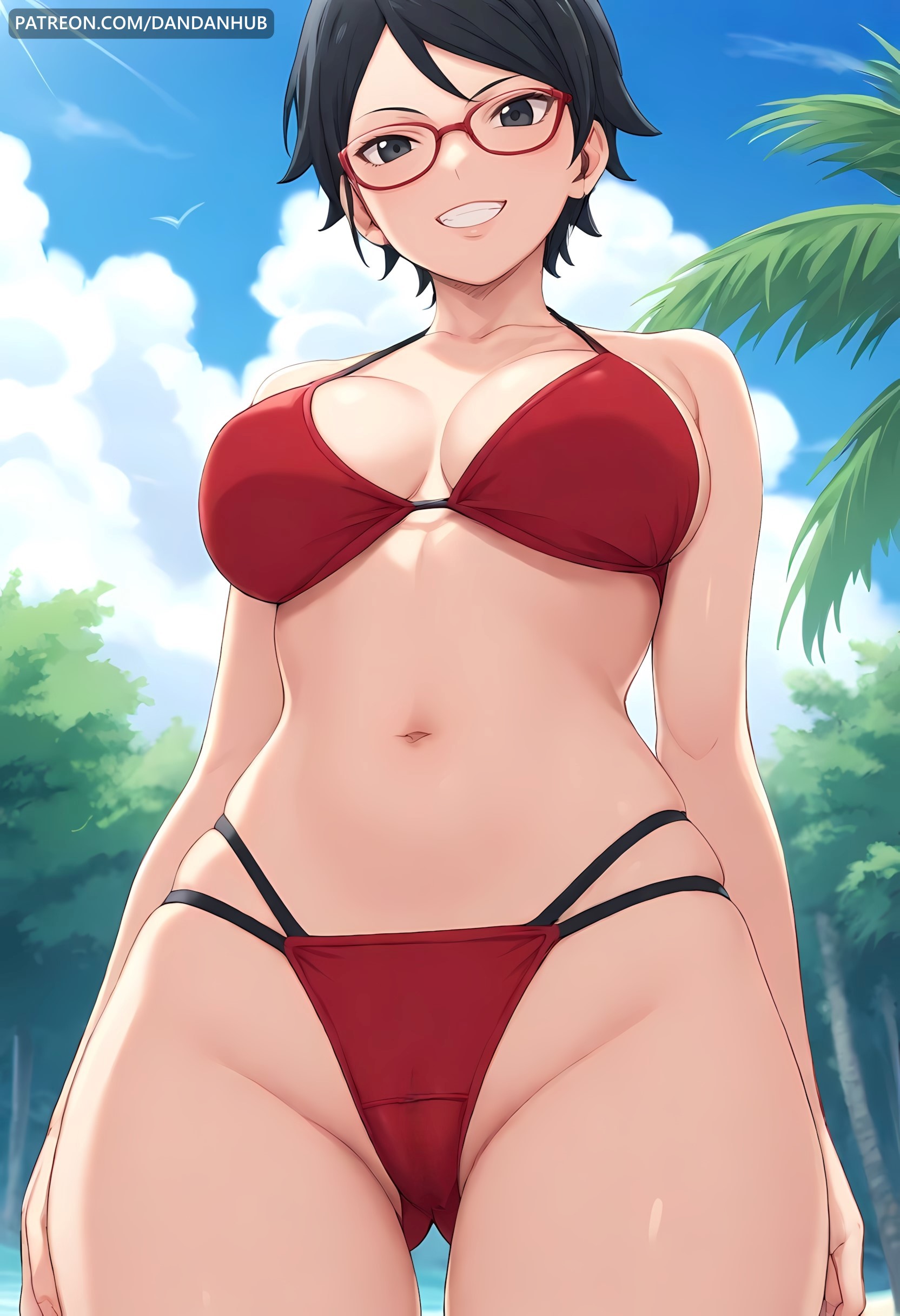 ai generated, ass visible through thighs, bangs, bare shoulders, bikini, black eyes, black hair, blue sky, boruto: naruto next generations, boruto: two blue vortex, breasts, cameltoe, cloud, collarbone, dandanhub, day, female, female only, from below, glasses, grin, large breasts, looking at viewer, naruto, naruto (series), naruto shippuden, navel, outdoors, pussy, red bikini, red-framed eyewear, sarada uchiha, short hair, skindentation, sky, smile, solo, stomach, swimsuit, thighs, tree