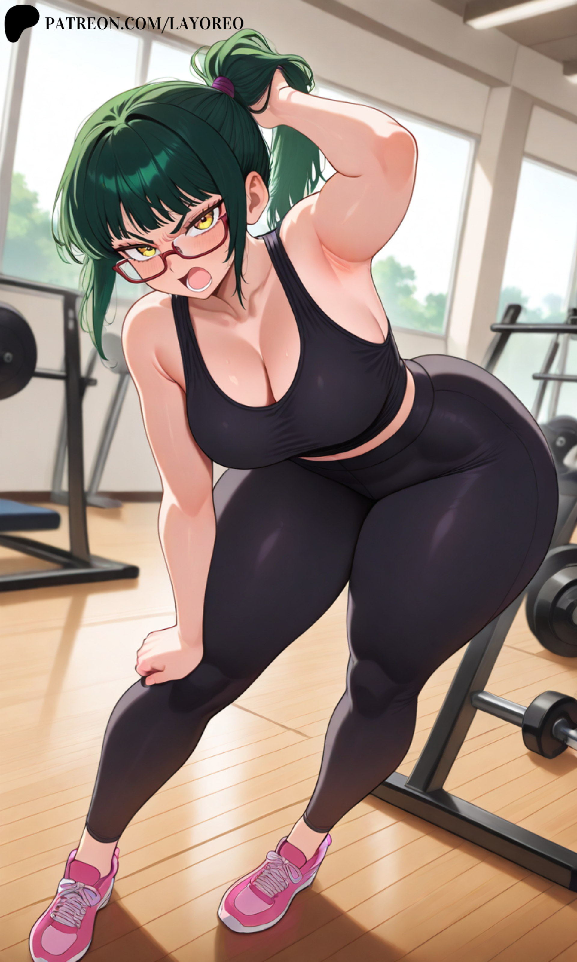 ai assisted, ai generated, angry, ass, breasts, female, glasses, green hair, gym, huge ass, huge breasts, jujutsu kaisen, lay-oreo, leggings, looking at viewer, scenery, tagme, tank top, thick thighs, thighs, workout, workout clothes, yellow eyes, zenin maki