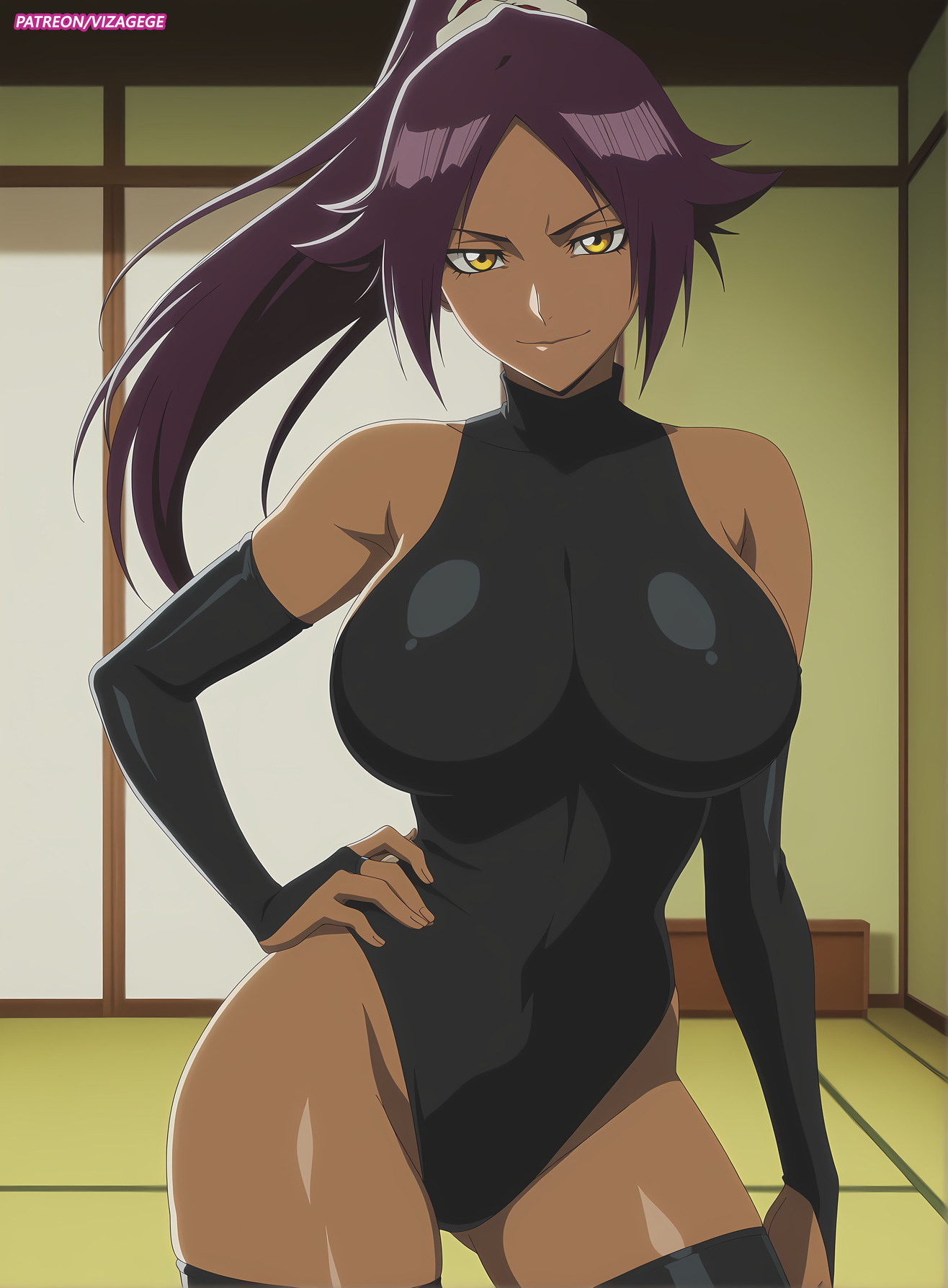 1girls, ai generated, big breasts, bleach, bleach: the thousand-year blood war, breasts, busty, curvy, dark skin, female, female only, leotard, looking at viewer, purple hair, shihouin yoruichi, solo, solo female, vizagege, wide hips