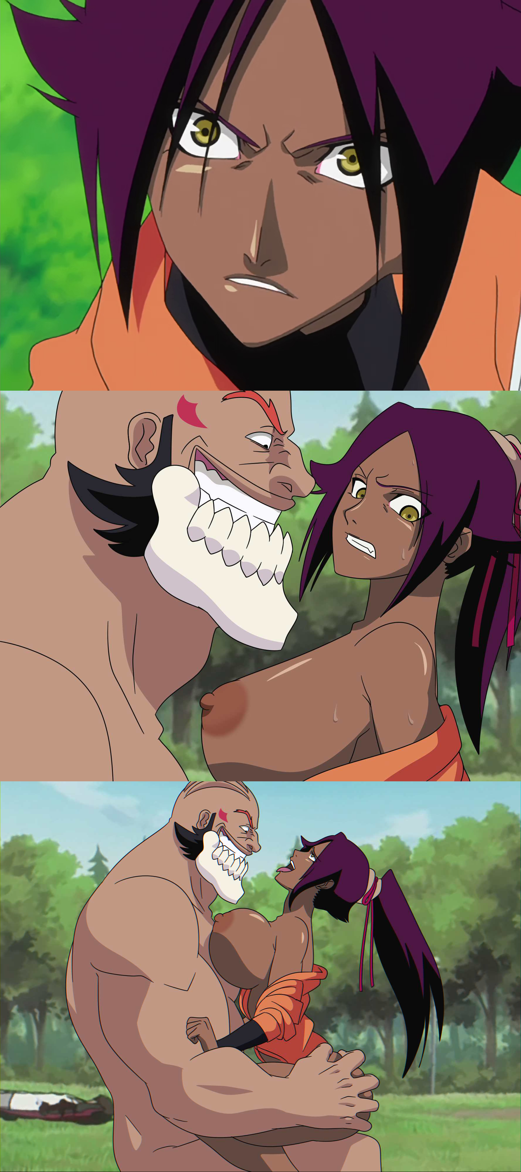 1boy, 1girls, ambiguous penetration, arrancar, ass, ass grab, bleach, breasts, breasts out, camper34, dark skin, dark-skinned female, defeated, defeated heroine, evil grin, female, grin, huge breasts, interracial, long hair, male, male/female, muscular, muscular male, nipples, nude, nude male, outside, outside sex, partially clothed, penetration, ponytail, protagonistsub antagonistdom, purple hair, rape, sex, shihouin yoruichi, size difference, tagme, villain, villain dom, villain on heroine, violet hair, yammy llargo, yellow eyes