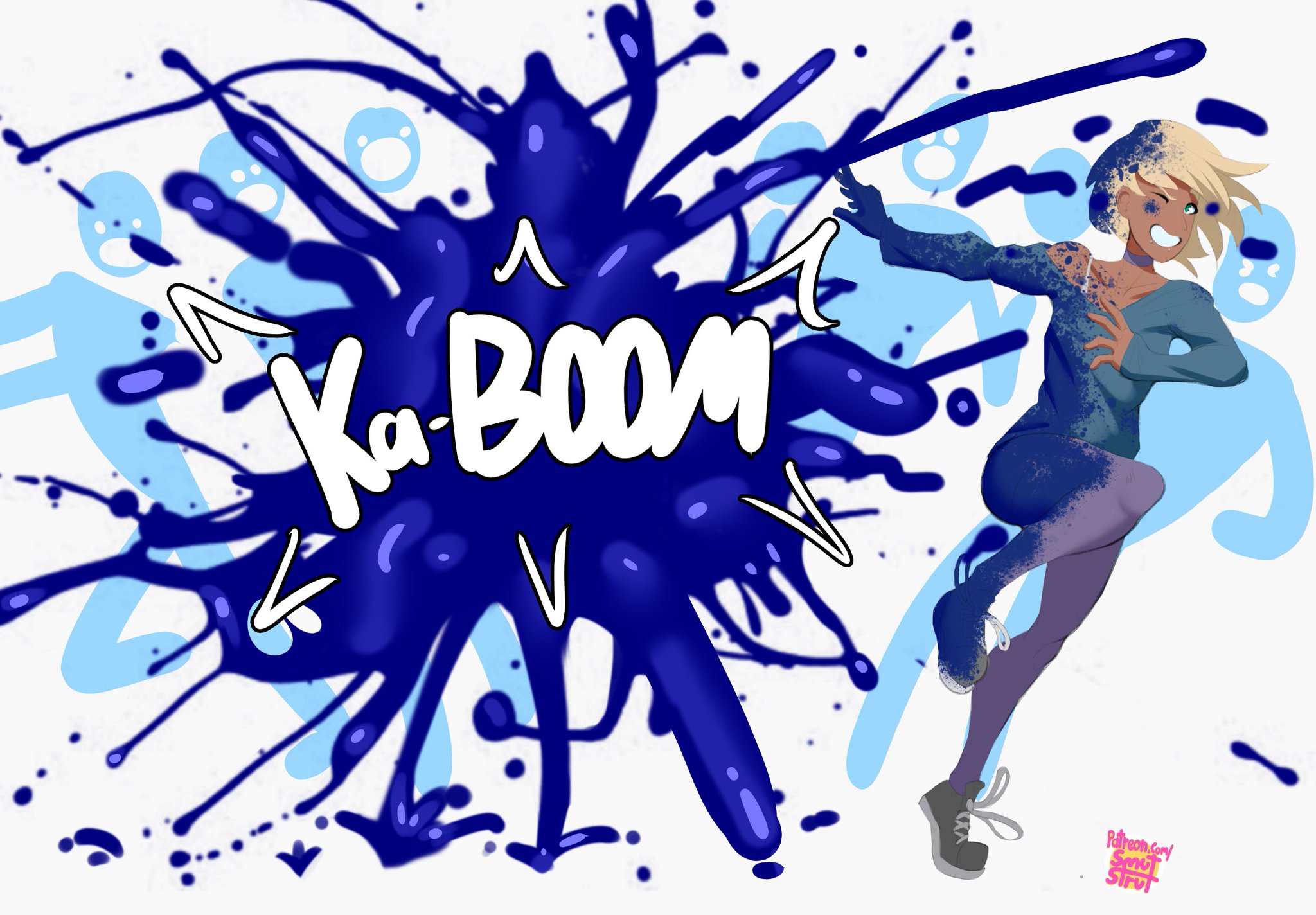 1boy, blonde hair, blueberry, blueberry inflation, bursting, dark skin, dark-skinned femboy, dark-skinned male, dark-skinned sissy, death, explosion, femboy, green eyes, humiliation, lip piercing, male, male death, male only, oc, popping, smutstrut, thighhighs