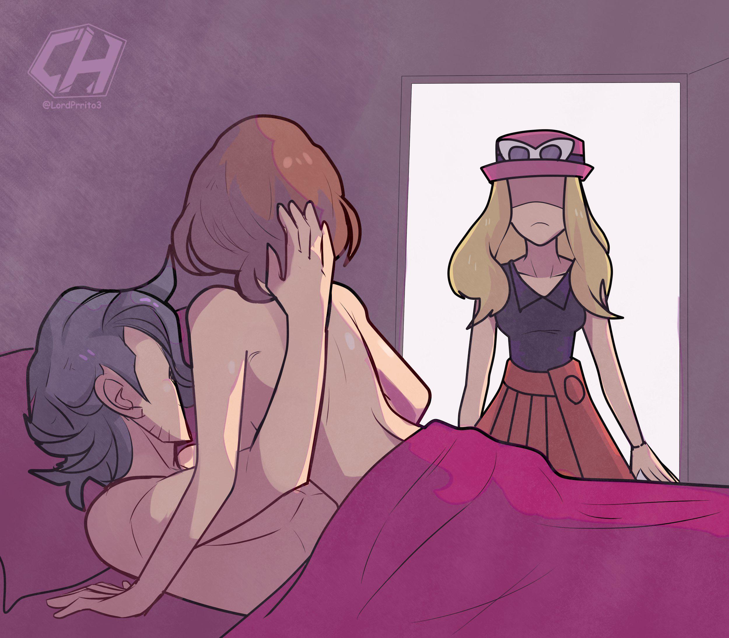 1boy, 1milf, 2girls, bed, bedroom, blanket, caught, caught in the act, cougar, cougar milf, cowgirl position, female, game freak, grace (pokemon), lordcharly3, lovers, male, mature female, milf, motherly cuckold, nintendo, nude, nude female, nude male, nude sex, pokemon, pokemon xy, professor sycamore, purple bed sheet, serena (pokemon games), serena (pokemon), sex, short hair, short-haired female, single mom, straight, straight sex, walked in on, watching