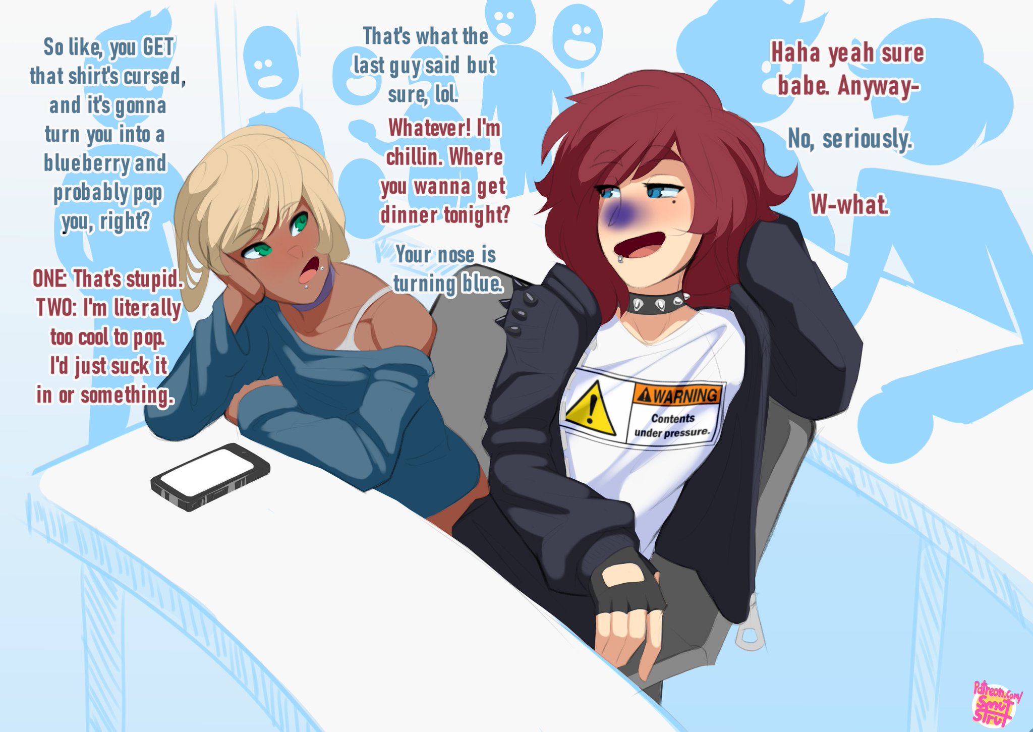 2boys, about to pop, blonde hair, blue eyes, blueberry, blueberry inflation, chocolate and vanilla, college, dark skin, dark-skinned femboy, dark-skinned male, dark-skinned sissy, dark-skinned twink, femboy, green eyes, lip piercing, male, male only, nose blush, oc, redhead, smutstrut, spiked collar, teasing, useless clothing