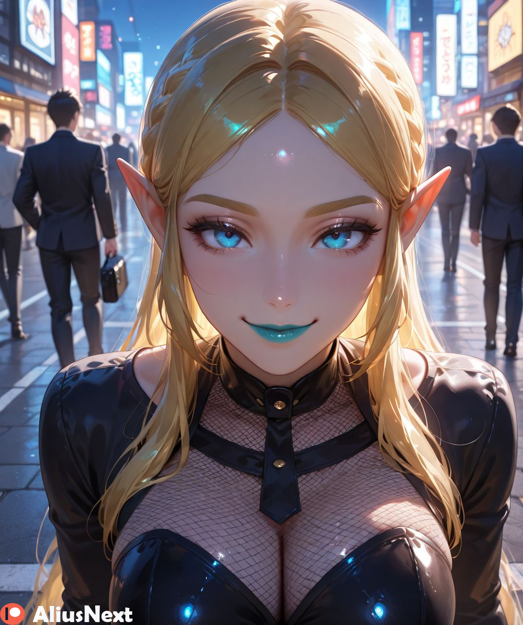 1girls, ai generated, aliusnext, ass, big ass, big breasts, blonde hair, blue lipstick, breasts, elf, elf ears, female, hi res, high quality, high resolution, high-angle view, highres, light skin, light-skinned female, lipstick, male, patreon, pointy ears, stirrup legwear, sweat, sweatdrop, sweating, sweaty, sweaty body, sweaty breasts, thick, thick ass, thick hips, thick legs, thick lips, thick thighs