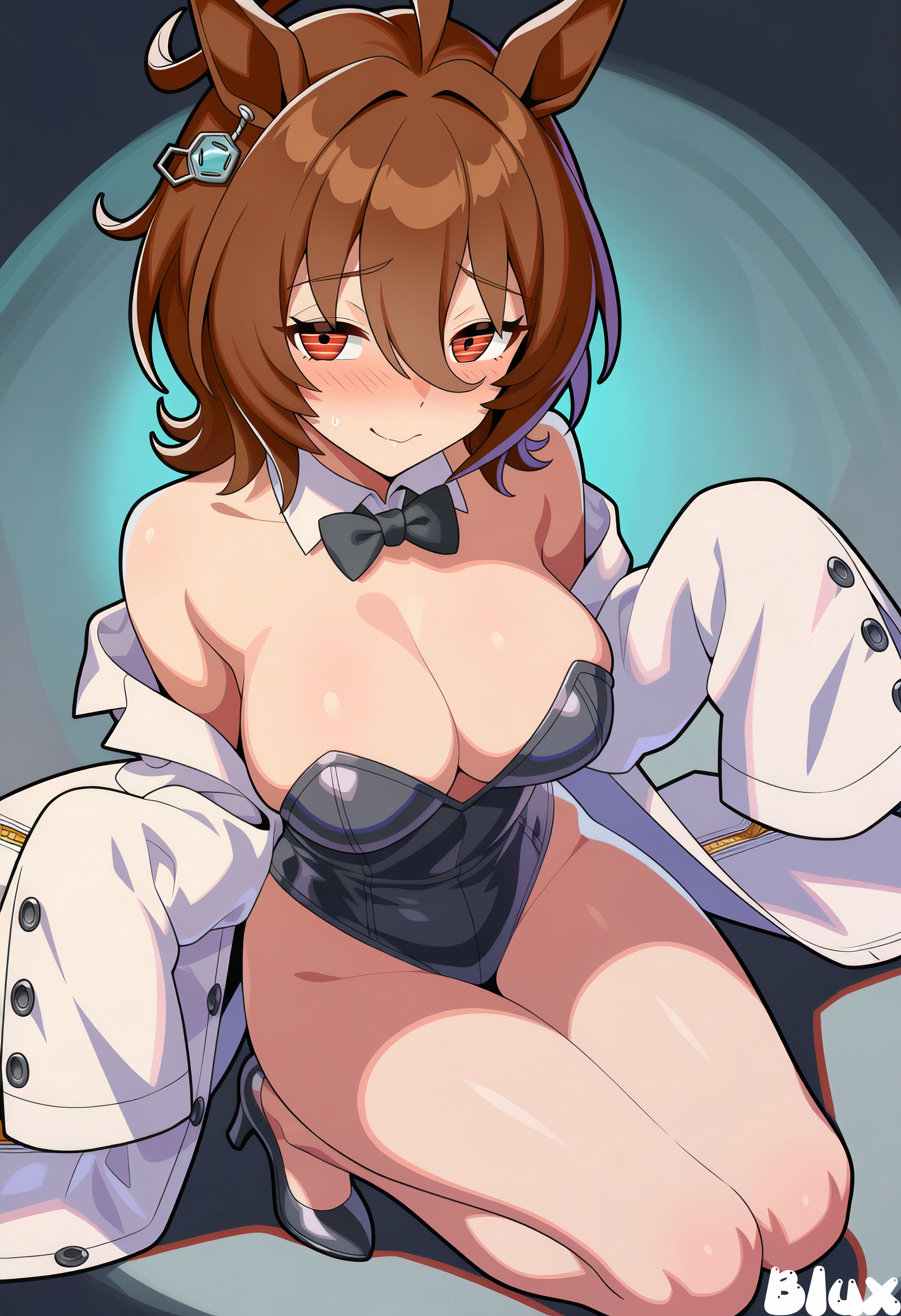 agnes tachyon (umamusume), ai generated, breasts, brown hair, bunnysuit, female, labcoat, nervous, shy, small breasts, thick thighs, thighs, umamusume, umamusume pretty derby