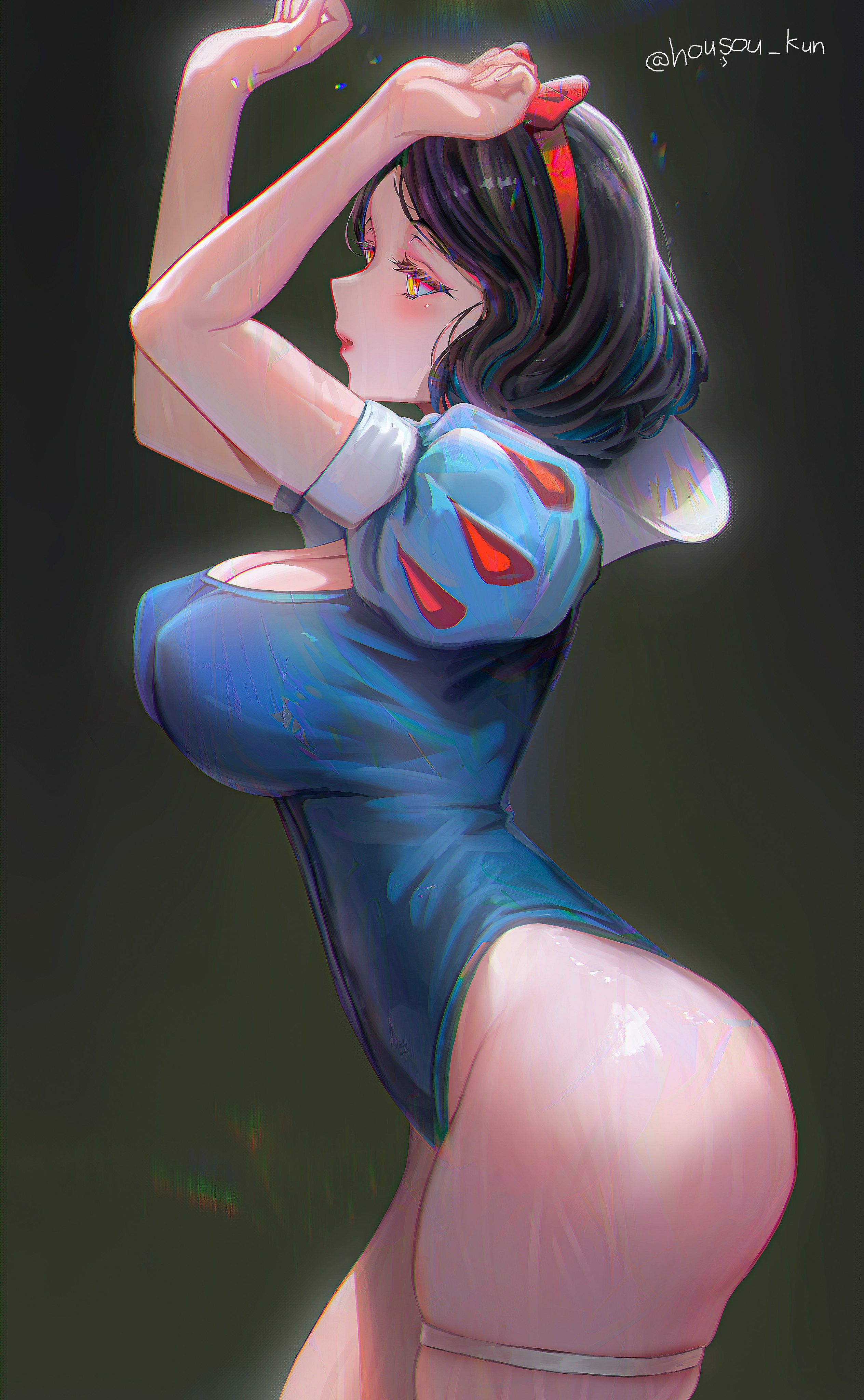 1girls, absurd res, ass, breasts, brush strokes, chromatic aberration, cleavage, disney, disney princess, female, female focus, female only, hi res, housou-chan, housou-kun, large breasts, light skin, light-skinned female, looking at viewer, puffed and paned sleeves, snow white (disney), snow white and the seven dwarfs (1937 film), solo, thick thighs, thighs