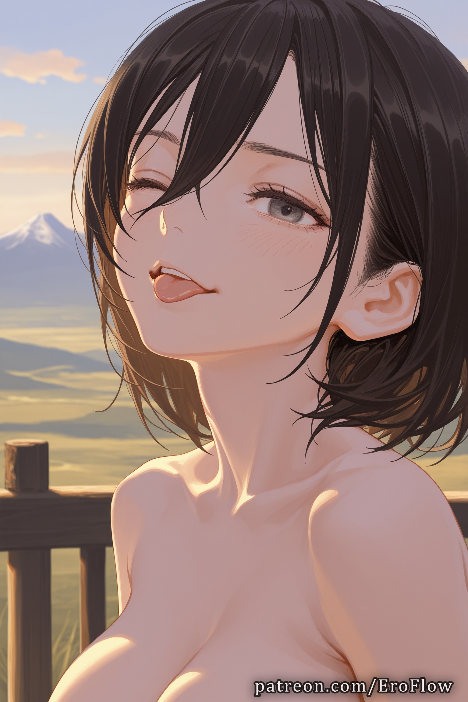 1girls, 2025, ai assisted, ai generated, anime, anime style, attack on titan, bangs, bare shoulders, black eyes, black hair, blush, breasts, brown eyes, bust, busty, cleavage, collarbone, completely nude, eroflow, female, female focus, female only, fence, grey eyes, hair between eyes, hi res, high quality, high resolution, highres, large breasts, lips, looking at viewer, makeup, medium breasts, mikasa ackerman, mikasa ackerman (cosplay), mountain, mountainous horizon, nipples out of frame, nude, nude female, one eye closed, open mouth, out-of-frame censoring, outdoors, parted lips, patreon, shingeki no kyojin, short hair, sky, smile, solo, solo female, stable diffusion, teeth, tongue, tongue out, upper body, upper teeth, voluptuous, voluptuous female, water