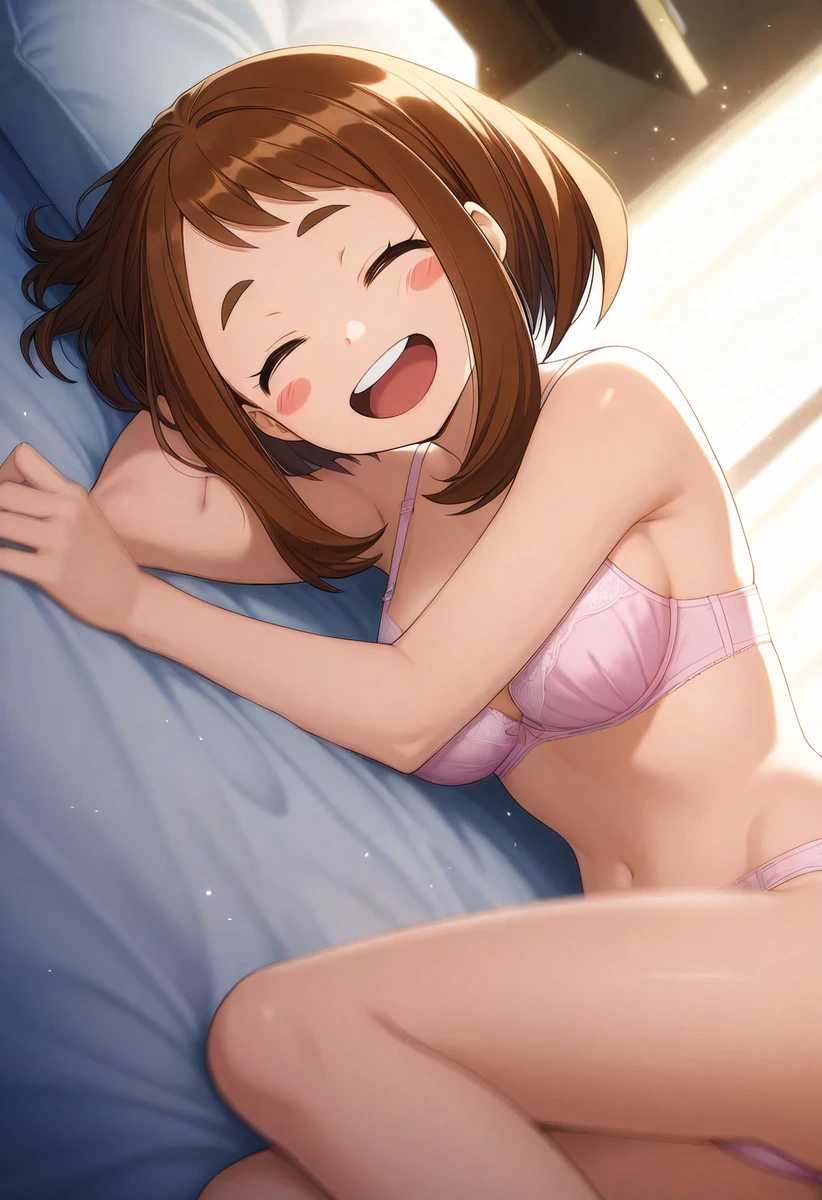 1girls, ai generated, bed, breasts, female, looking at partner, lying on bed, lying on side, my hero academia, ochako uraraka, pink underwear, smile, underwear only