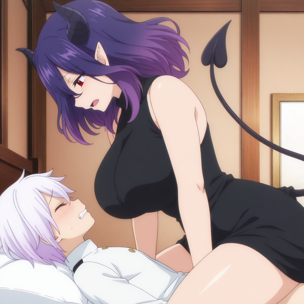 ai generated, alto goldfield, big breasts, bigger female, breasts, cowgirl position, demon, female, kinsou no vermeil, male, purple hair, red eyes, smaller male, succubus, succubus horns, succubus tail, vaginal sex, vermeil (kinsou no vermeil)