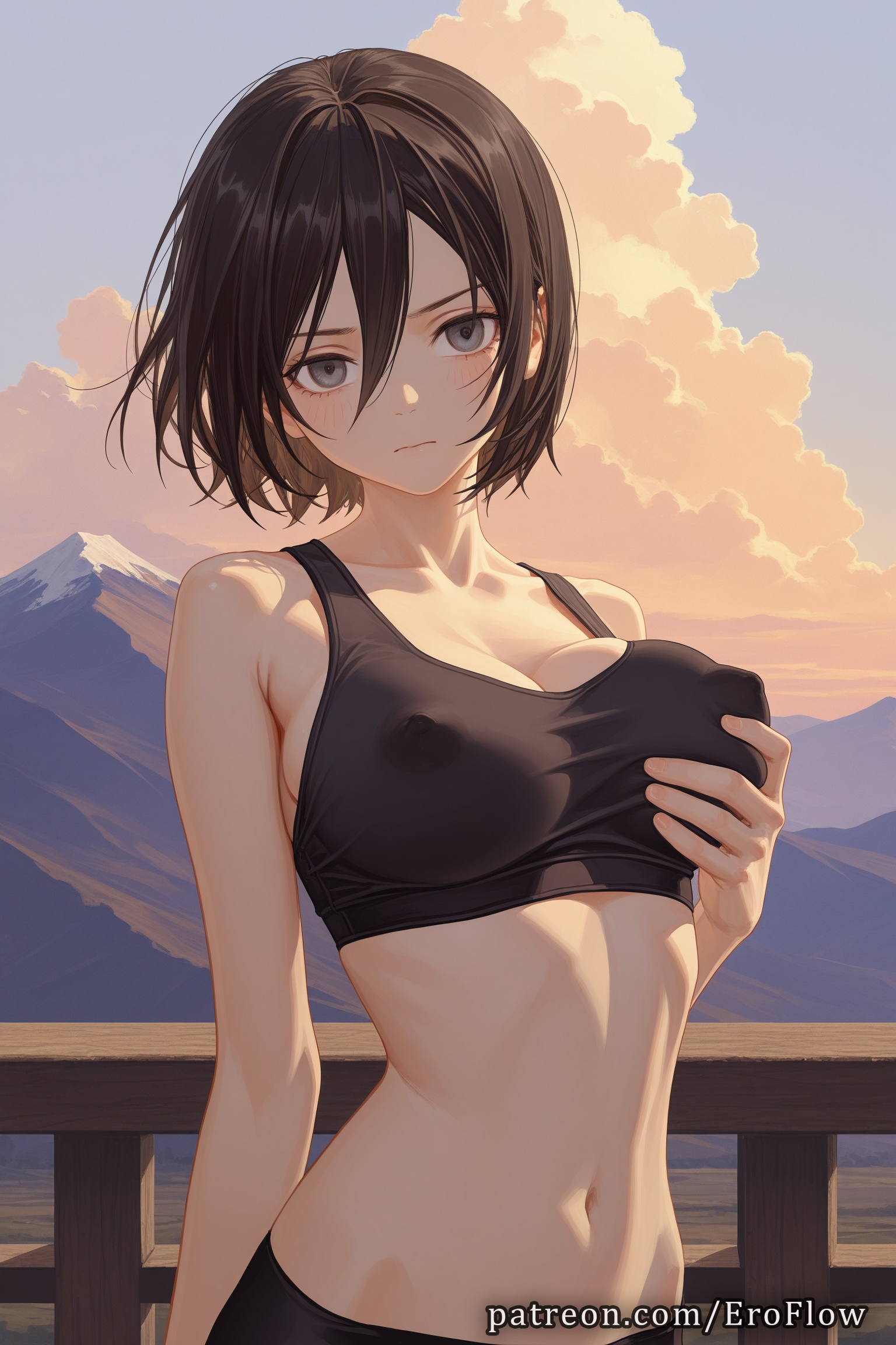 1girls, 2025, ai assisted, ai generated, anime, anime style, arm behind back, artist name, attack on titan, bangs, bare shoulders, black eyes, black hair, black sports bra, blush, breasts, bust, busty, cleavage, closed mouth, clothing, cloud, collarbone, covered nipples, crop top, eroflow, female, female focus, female only, grabbing own breast, grey eyes, hair between eyes, hi res, high quality, high resolution, highres, lactation through clothes, large breasts, looking at viewer, medium breasts, midriff, mikasa ackerman, mikasa ackerman (cosplay), mountain, mountainous horizon, navel, nipples, nipples outside, non-asian, outdoors, pants, patreon, railing, shingeki no kyojin, short hair, sky, solo, solo female, sports bra, stable diffusion, standing, stomach, sunset, tank top, uncensored nipples, upper body, voluptuous, voluptuous female