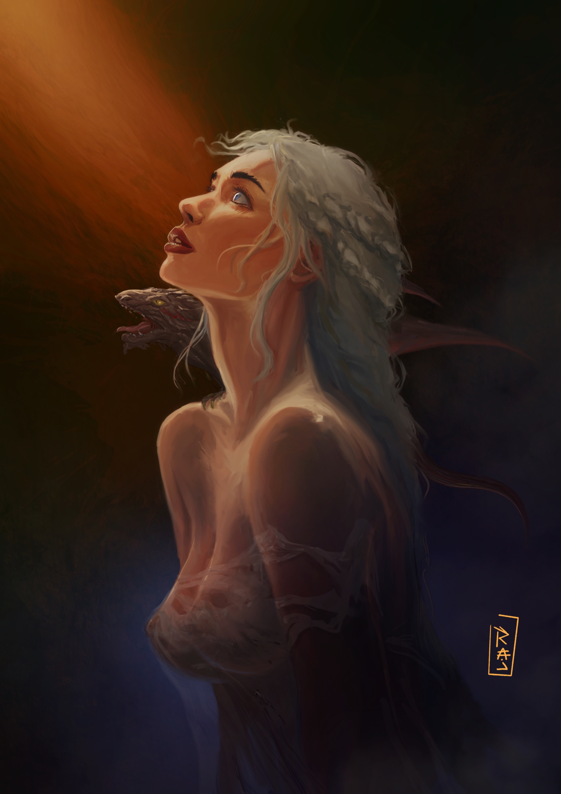 breasts, daenerys targaryen, dragon, female, game of thrones, got, rajdraw, white hair