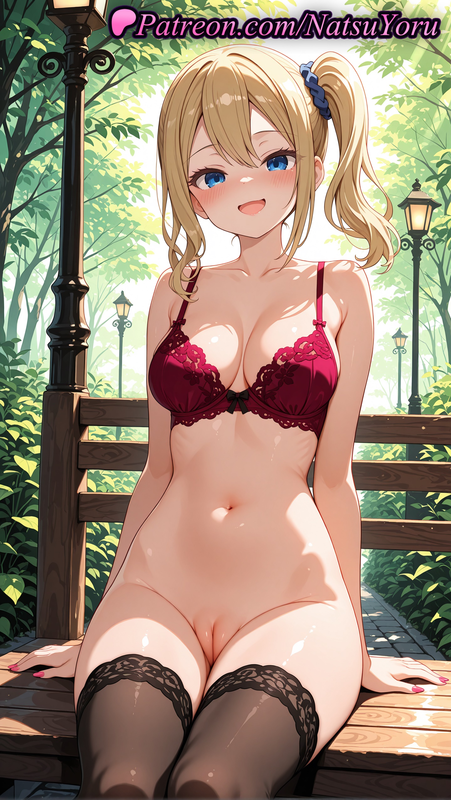 1girls, 2025, ai assisted, ai generated, anime, anime style, arm support, bangs, bare shoulders, bench, black thighhighs, blonde hair, blue eyes, blue scrunchie, blush, bottomless, bow bra, bra, breasts, brown thighhighs, bush, bust, busty, cleavage, cleft of venus, collarbone, day, female, female focus, female only, hair between eyes, hair ornament, hair scrunchie, hayasaka ai, hi res, high quality, high resolution, highres, innie pussy, kaguya-sama wa kokurasetai ~tensai-tachi no renai zunousen~, lace trim, lace-trimmed bra, lamppost, long hair, looking at viewer, medium breasts, nail polish, natsuyoru, navel, on bench, open mouth, outdoors, paipan, park bench, patreon, pink nails, pussy, red bra, scrunchie, shaved pussy, shaved vagina, side ponytail, sidelocks, sitting, sitting on bench, smile, solo, solo female, stable diffusion, stomach, thighhighs, thighs, tree, uncensored, underwear, underwear only, vagina, voluptuous, voluptuous female