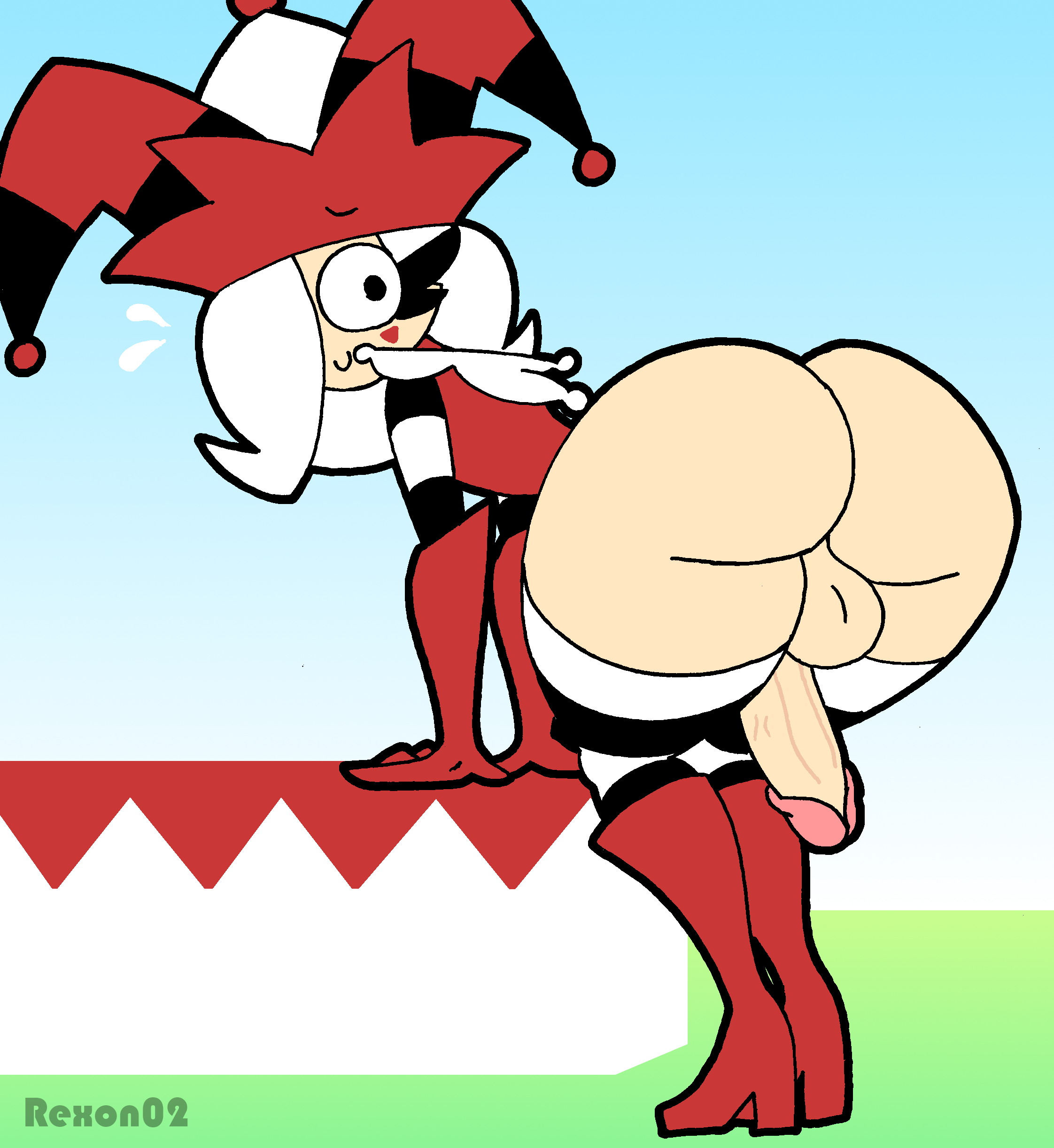 1boy, 2d, artist name, ass, bent over, big ass, boots, cock, dick, femboy, femboy only, hair over one eye, heel boots, high heel boots, high heels, huge ass, huge cock, jester, jester hat, jester outfit, knee boots, large ass, large penis, large thighs, male, male only, nervous smile, original, original character, penis, rear view, rex the clown (rexon02), rexon02, self upload, solo, striped legwear, thick thighs, white hair