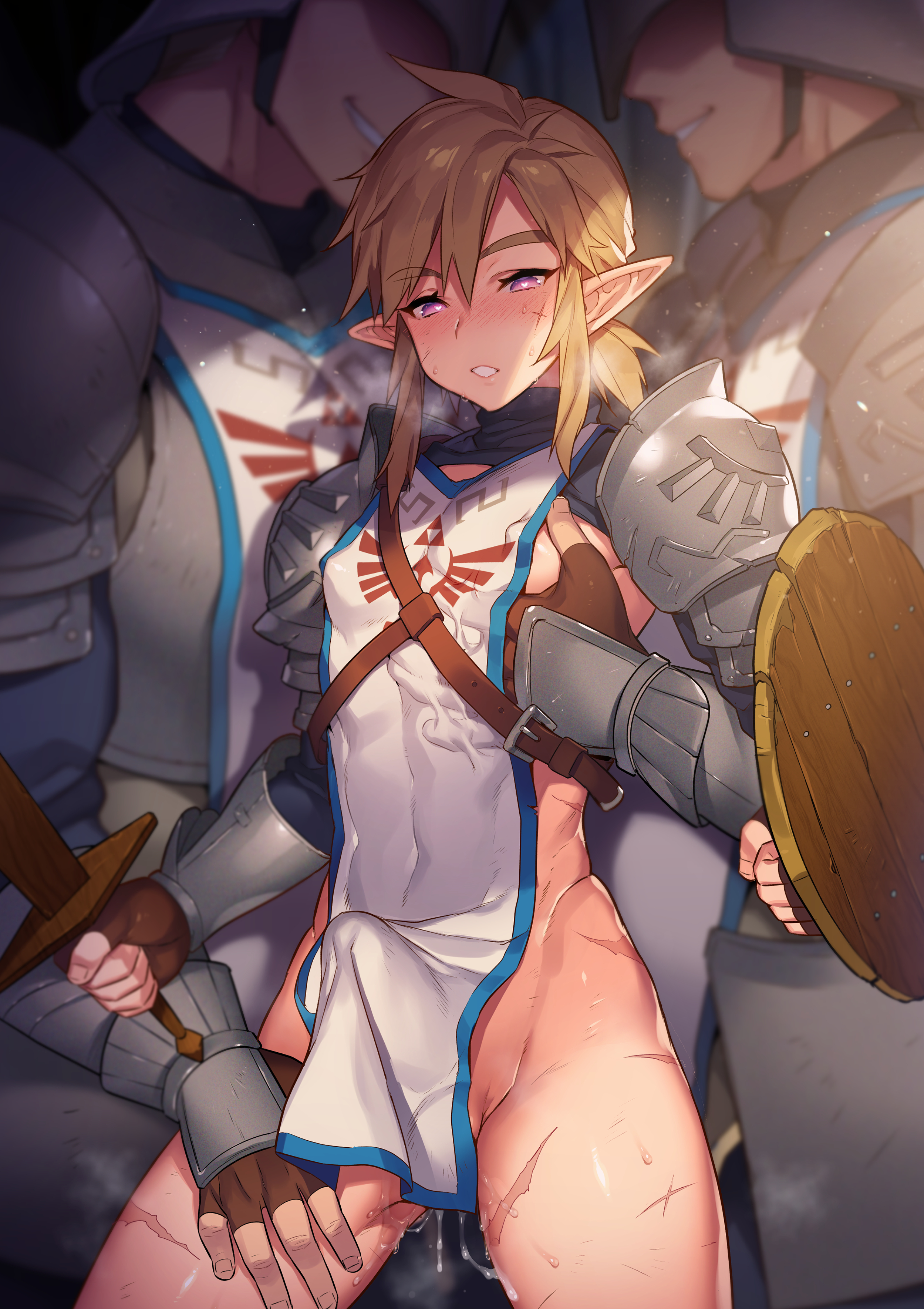 3boys, absurdres, after anal, after sex, age of calamity, armor, ass, blush, breath of the wild, brown hair, bulge, clothes, cum, cum in ass, erection, erection under clothes, heart, heart-shaped pupils, highres, link, link (breath of the wild), link (tears of the kingdom), looking at viewer, male, male only, medium hair, morikoke, multiple boys, multiple males, nintendo, penis, pointy ears, ponytail, scar, shield, soldier link, sword, symbol-shaped pupils, the legend of zelda, trap, weapon, yaoi