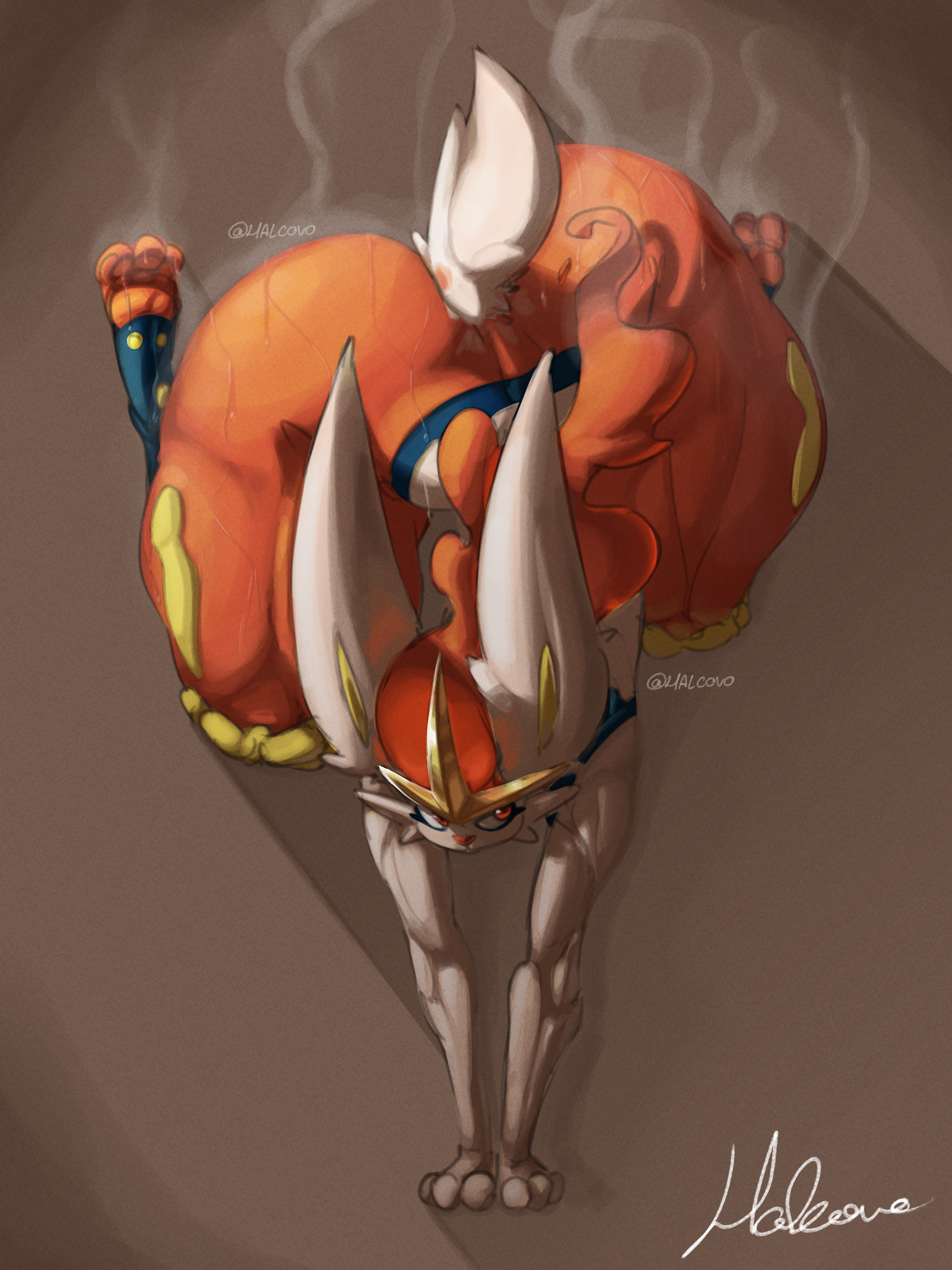 2d, 2d (artwork), absurd res, ambiguous gender, anthro, anthro only, ass, big ass, bunny ears, cinderace, crown, feet, feet focus, foot fetish, generation 8 pokemon, halco (artist), highres, huge ass, hyper ass, looking away, nintendo, pokemon, pokemon (species), pokemon ss, rabbit, rabbit ears, red eyes, red fur, red hair, small tail, solo, solo anthro, sweat, sweating, thin waist, white body, white fur, yellow fur