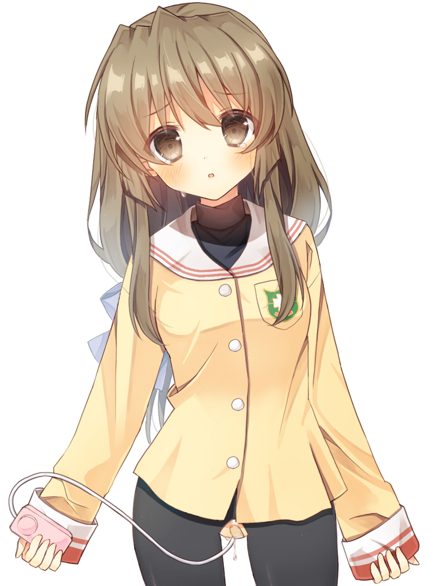 arms_at_sides bandaid bandaid_on_pussy black_pantyhose blue_bow blunt_ends blush bow brown_eyes brown_hair clannad commentary_request cowboy_shot female female_masturbation furrowed_brow hair_between_eyes hairbow haruchimo highres hikarizaka_private_high_school_uniform holding holding_sex_toy ibuki_fuuko jacket long_hair long_sleeves looking_at_viewer low-tied_long_hair masturbation no_pants open_mouth paid_reward_available pantyhose pussy_juice remote_control_vibrator sailor_collar school_uniform serafuku sex_toy sidelocks simple_background sleeves_past_wrists solo tears torn_clothes torn_pantyhose turtleneck vibrator white_background white_sailor_collar yellow_jacket