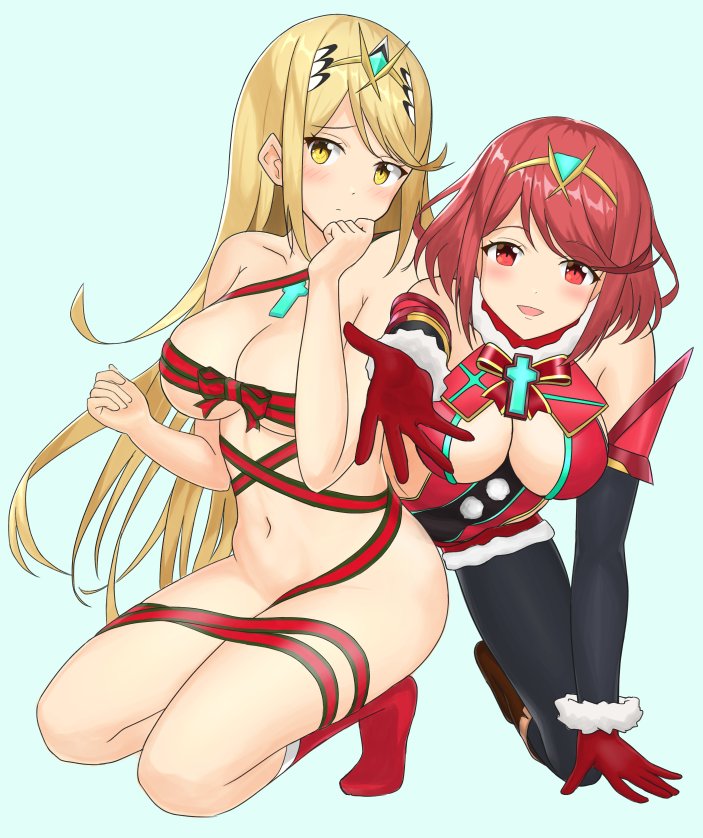 2girls, blonde hair, blush, breasts, brown hair, cape, christmas, earrings, embarrassed, female, gloves, headpiece, jewelry, large breasts, long hair, looking at viewer, multiple females, multiple girls, mythra, naked ribbon, nintendo, pyra, red eyes, red hair, red shorts, ribbon, short hair, shorts, shoulder armor, smile, sssemiii, tiara, xenoblade (series), xenoblade chronicles 2