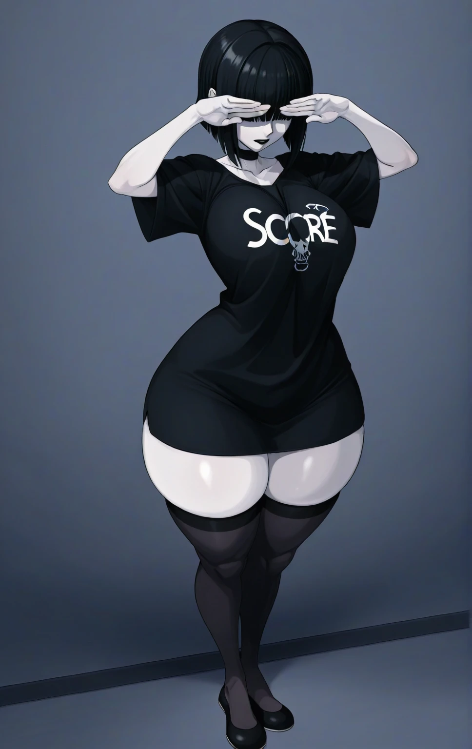 1girls ai_generated big_boobs big_breasts black_collar black_hair black_hair_female blinding_bangs boobs breasts clothed clothed_female collar female female_focus female_only goth goth_girl hair_bangs hair_over_eyes large_boobs large_breasts light-skinned_female light_skin long_shirt pale-skinned_female pale_skin shirt short_hair solo solo_female solo_focus thick_thighs thighs