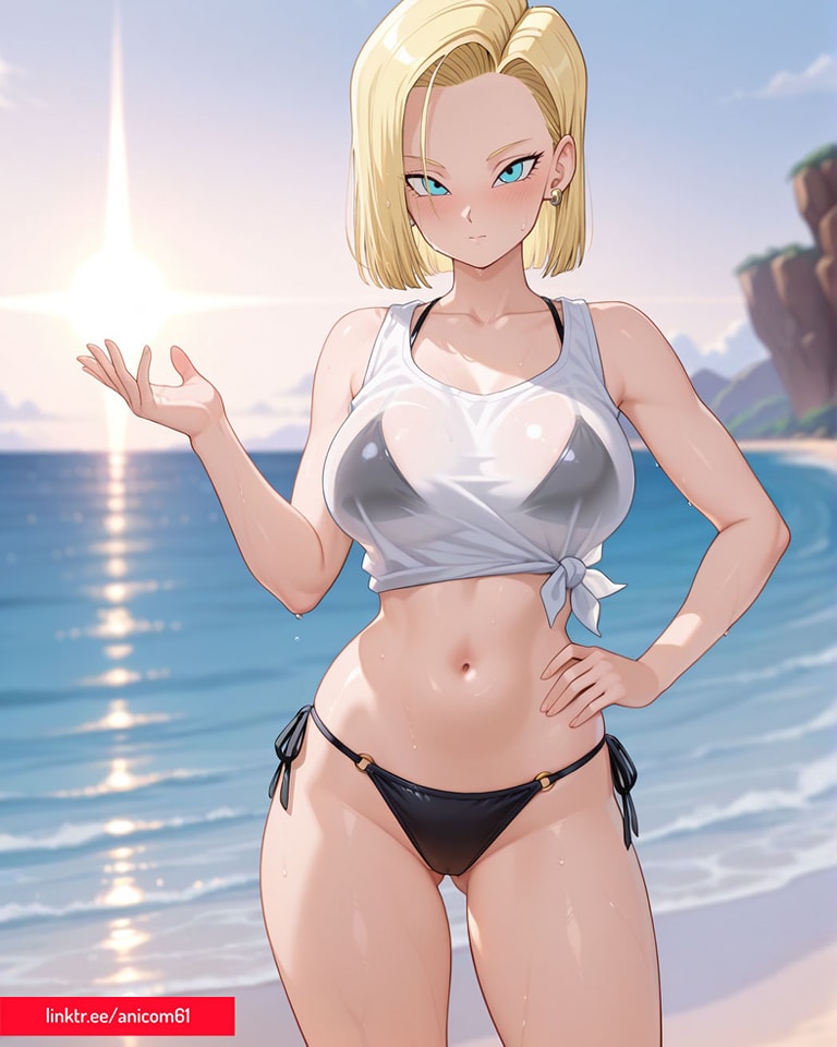 1girls, 2025, ai generated, android 18, android18dx, anicom61, beach, bikini under clothes, black bikini, blonde female, blonde girl, blonde hair, blonde-haired female, blue eyes, dragon ball, dragon ball super, dragon ball z, female, female only, hand on hip, meta, navel, short hair, short-haired female, solo, tied clothing, tied shirt, toei animation, toned, toned female, wet clothing
