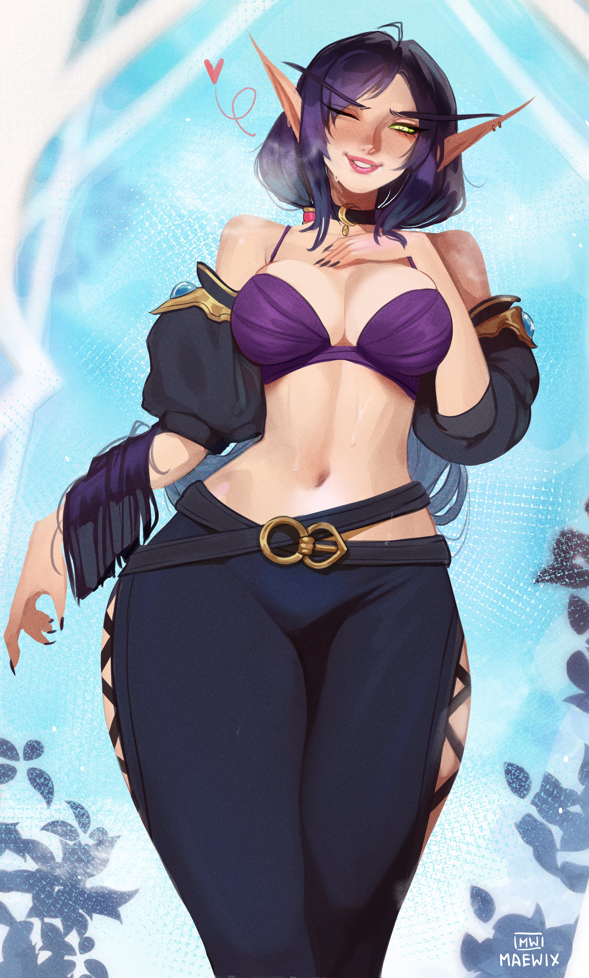 1girls, absurd res, big breasts, blizzard entertainment, blood elf, blush, breasts, clothed, clothing, dark purple hair, earrings, elf, elf ears, elf female, female, female only, green eyes, grin, grinning at viewer, hand on chest, heart, looking at viewer, maewix1, medium hair, pink lips, purple hair, smiling, smiling at viewer, solo, steam, thick thighs, warcraft, wide hips, wink, winking at viewer, world of warcraft