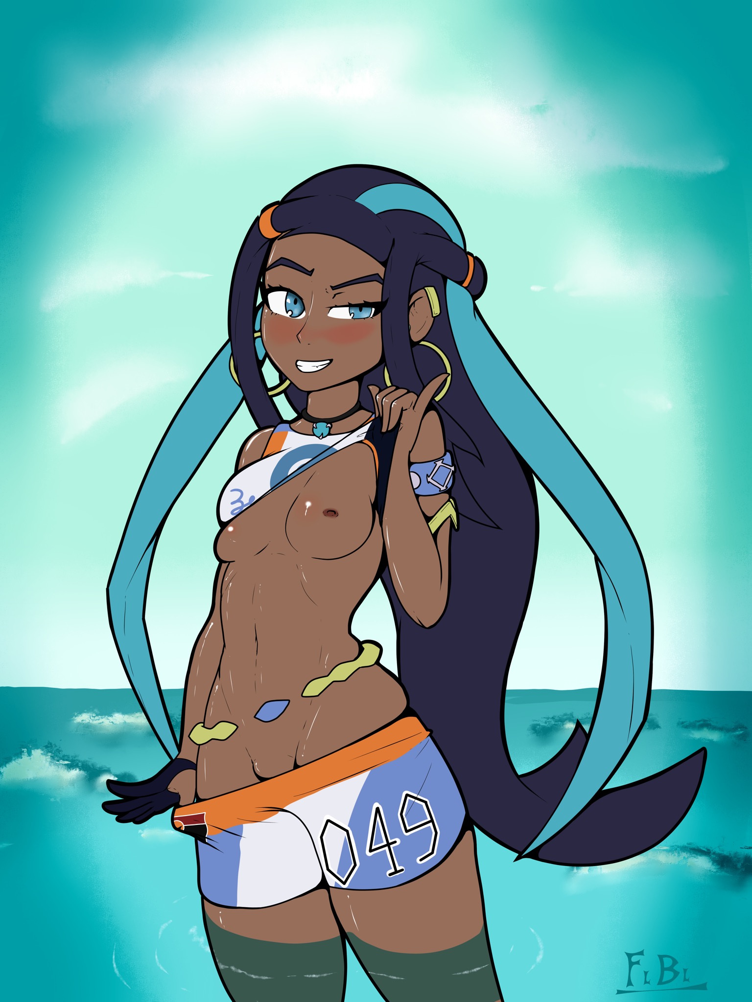 1girls, abs, areola, belly, black hair, blue background, blue hair, blush, breasts, clothed, dark skin, dark-skinned female, earrings, eyelashes, female, female only, futaloliisbest, grin, gym leader, human, long hair, looking at viewer, navel, nessa (pokemon), nintendo, nipples, ocean, outdoors, pinky out, pokemon, pokemon ss, rurina (pokemon), shirt, shirt lift, shorts, small breasts, smile, solo, teeth, text, thin waist, undressing, very long hair, watermark, wide hips
