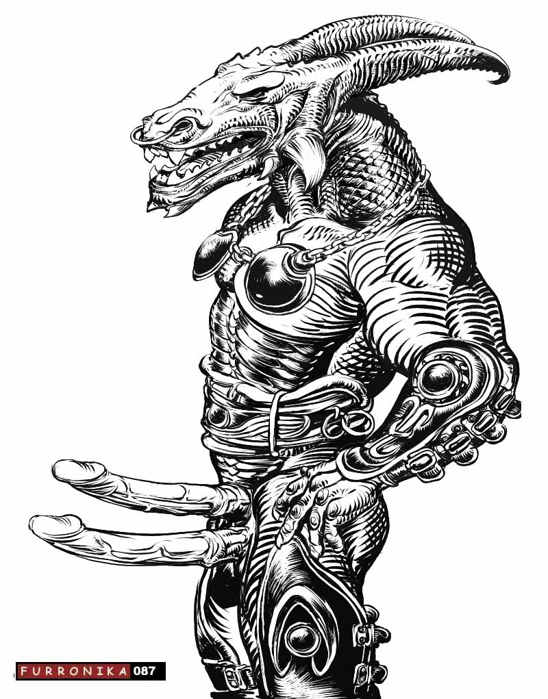 armor demon diphallia diphallism facial_piercing furronika horn incubus male male_only multi_penis nose_piercing nose_ring penis piercing scales teeth unconvincing_armor