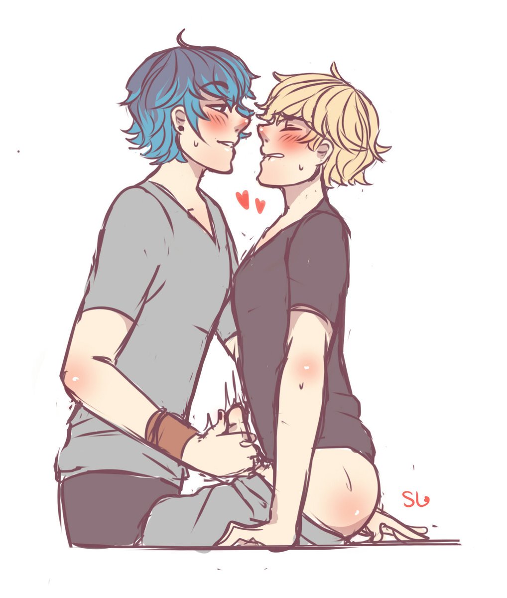 2boys adrien_agreste biting_lip blonde_hair blue_hair blush bracelet chest gay handjob human human_only looking_at_partner luka_couffaine male male_only masturbation miraculous_ladybug penis sweat yaoi