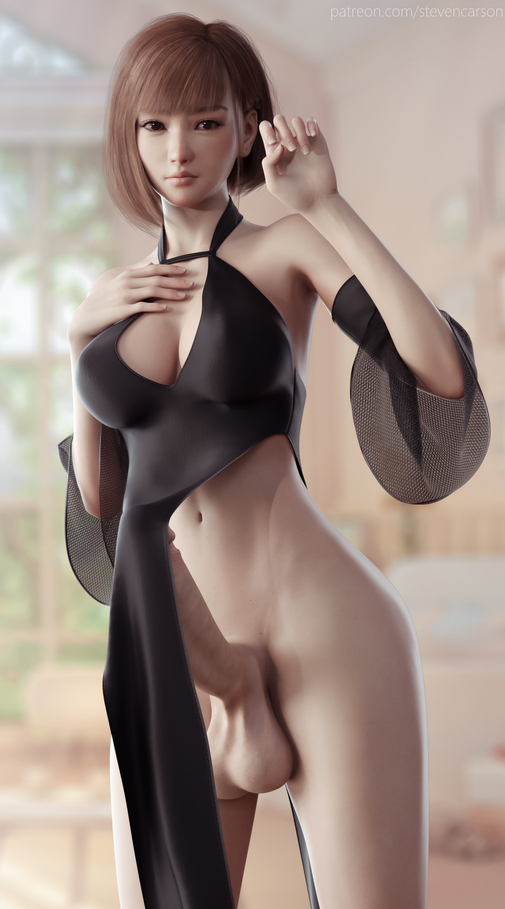 1futa, 3d, asian, asian futa, balls, balls under clothes, bimbo, bottomless skirt, breasts, cleavage, curvy, erect nipples, erection, erection under clothes, erection under loincloth, erection under skirt, futa only, futanari, hourglass figure, huge cock, huge penis, intersex, large balls, large breasts, loincloth, loincloth lift, looking at viewer, nana (stevencarson), nipple bulge, nipples, no panties, penis, penis bulge, penis out, penis under clothes, penis under dress, penis under loincloth, penis under skirt, realistic, sagging balls, skirt, skirt lift, solo, solo futa, spread legs, standing, stevencarson, tenting