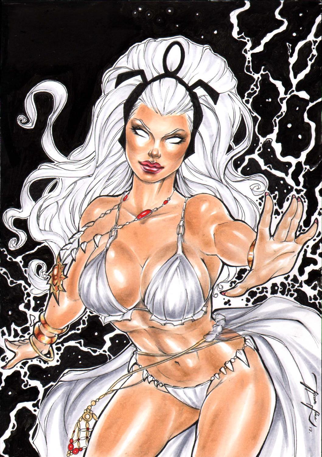 1girls 2018 amulet big_breasts bikini black_headwear bra bracelet bracelets breasts busty cape collarbone crown curvaceous curvy dark-skinned_female dated ed_benes_studio female female_only fully_clothed headwear homo_superior human jeferson_lima jewelry lightning lightning_bolt long_hair marvel marvel_comics mound_of_venus mutant nail_polish necklace no_pupils ororo_munroe panties pinup red_lips red_lipstick red_nail_polish red_nails signature solo storm_(x-men) superheroine thick_thighs thighs tooth_necklace voluptuous white_bikini white_bra white_cape white_eyes white_hair white_panties x-men