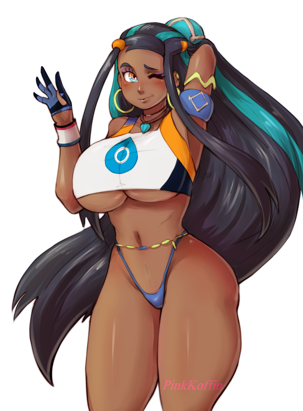 1girls, alternate breast size, arm up, armpits, belly, big breasts, blue eyes, blue hair, blush, breasts, clothed, dark skin, dark-skinned female, female, female only, gloves, gym leader, huge breasts, human, large breasts, long hair, midriff, navel, nessa (pokemon), nintendo, one eye closed, panties, pinkkoffin, pokemon, pokemon ss, pokemon trainer, rurina (pokemon), shirt, smile, solo, standing, text, thick thighs, thong, underboob, watermark, white background, wide hips, wink
