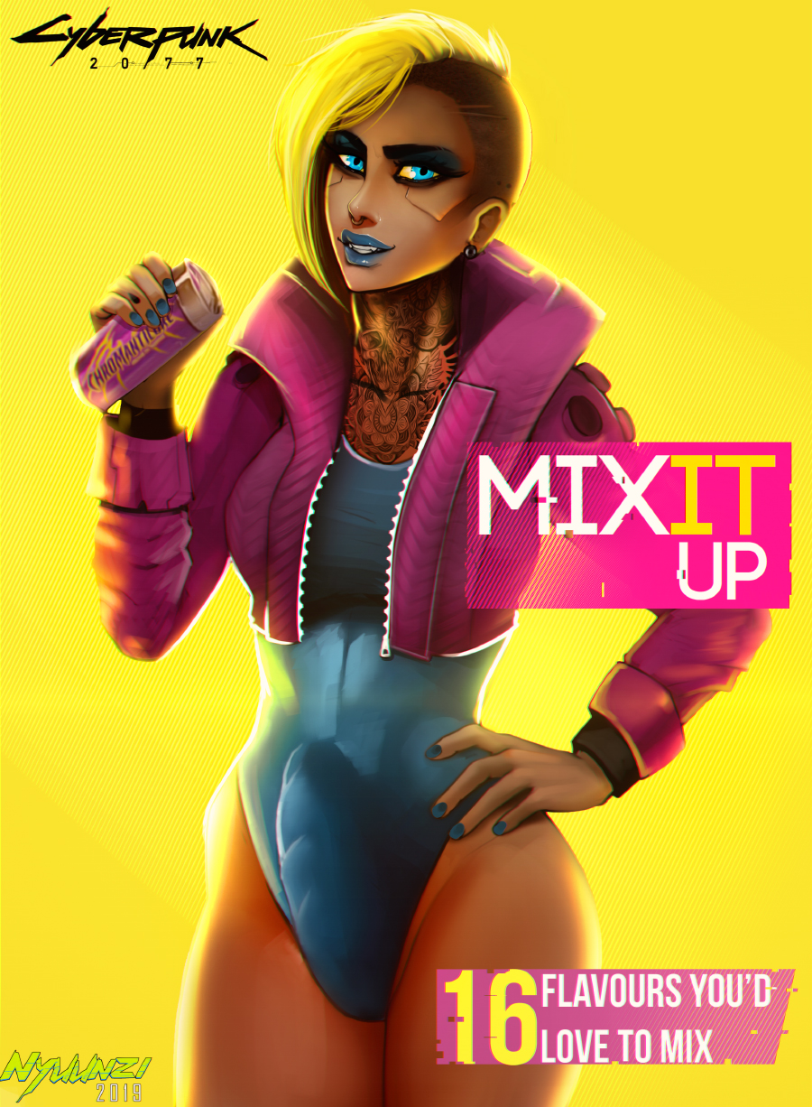 1futa, 2019, advertisement, artist name, blue eyes, blue leotard, blue lipstick, breasts, bulge, cameltail, canon, cd projekt red, chromanticore model, curvy, cyberpunk, cyberpunk (series), cyberpunk 2077, dated, drink, earrings, english, english text, erection, erection under clothes, eyeshadow, futa only, futa sans balls, futanari, intersex, jacket, jewelry, large breasts, large penis, leotard, lipstick, looking at viewer, makeup, nail polish, neck tattoo, nose ring, nyuunzi, panties, panty bulge, penis, penis in panties, penis under clothes, shaved head, solo, tattoo, thighhighs, thighs, trans woman, transfem
