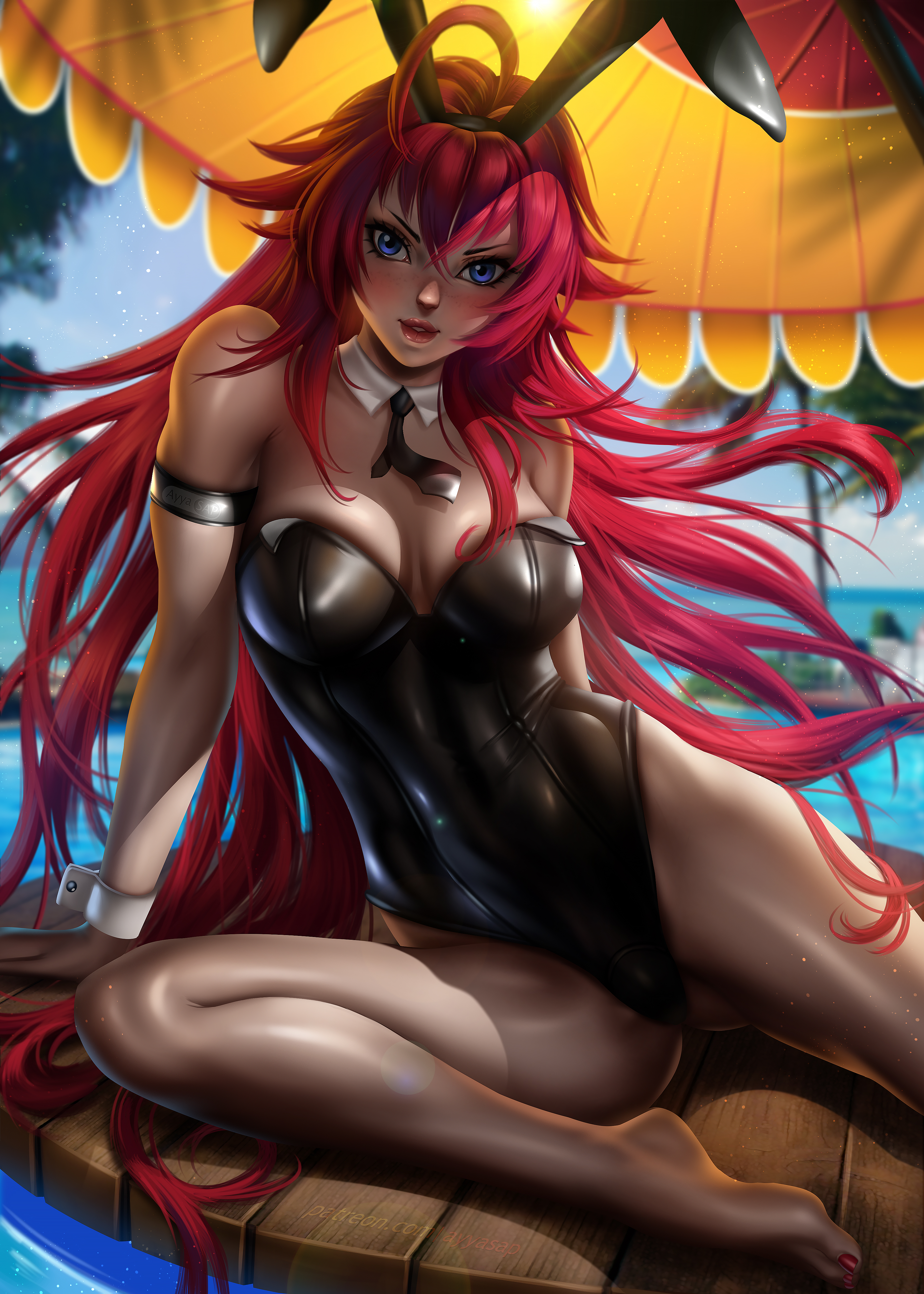 ayyasap, beach, bikini, blue eyes, bunny ears, bunnysuit, female, female only, high resolution, high school dxd, highres, leotard, red hair, rias gremory