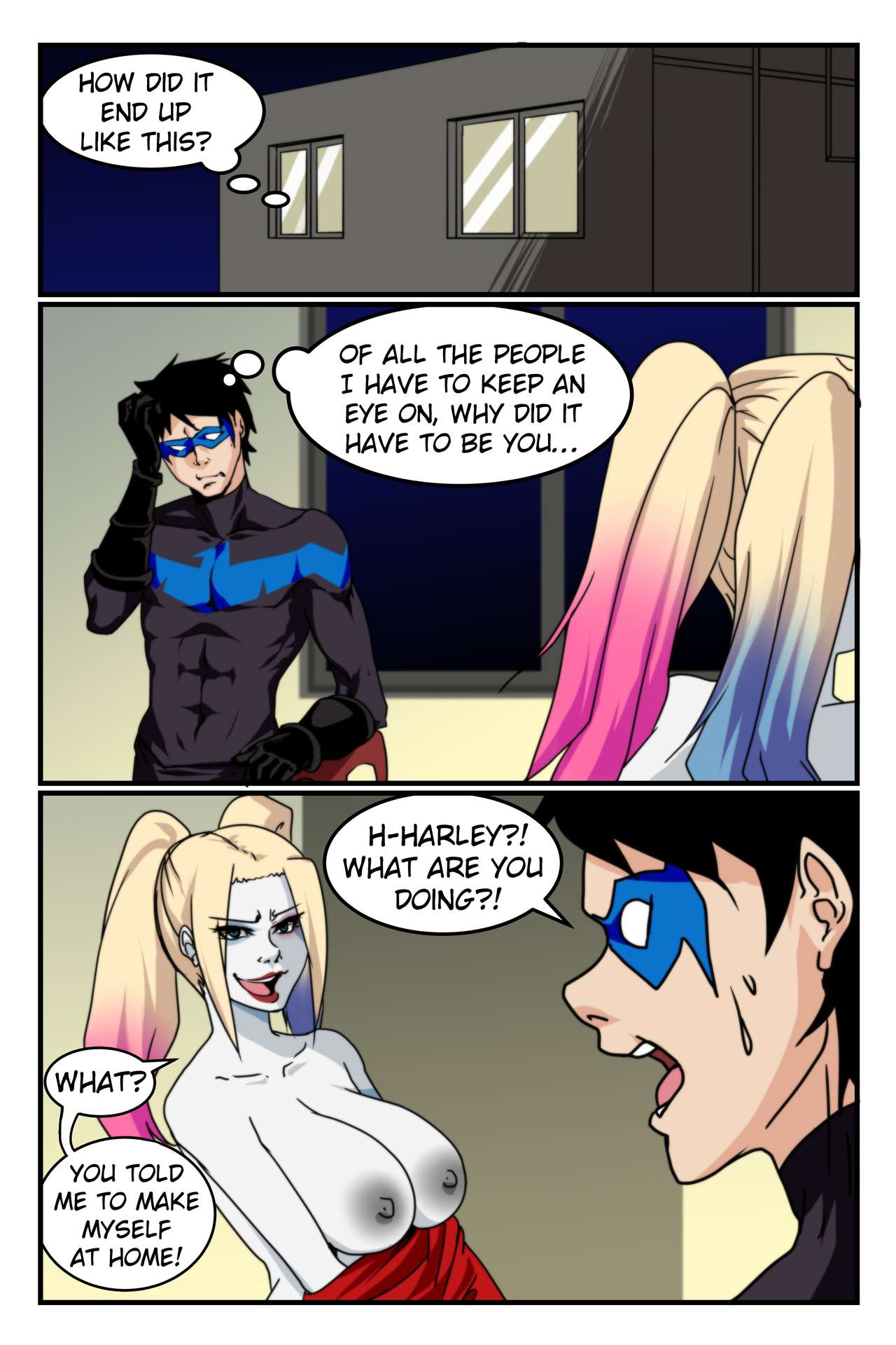 ana yanagisawa, batman (series), big breasts, breasts, comic, dc, dc comics, dick grayson, female, harley quinn, male, nightwing, nude, two-tone hair