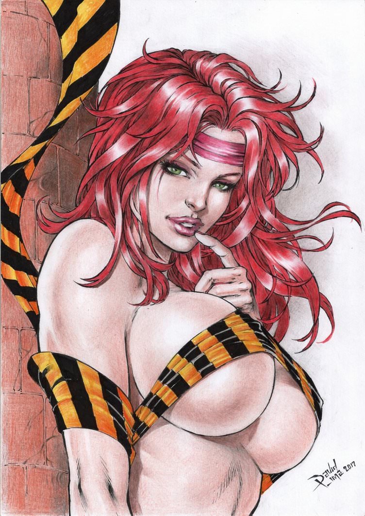 1girls 2017 battle_chasers big_breasts breasts busty column covered_breasts curvaceous curvy dated david_lima ed_benes_studio erect_nipples female female_only finger_to_mouth green_eyes leaning_against_wall nail_polish nipple_bulge nipples nipples_visible_through_clothing pillar pinup red_hair red_lips red_lipstick red_monika red_nail_polish red_nails sash signature solo underboob voluptuous wildstorm