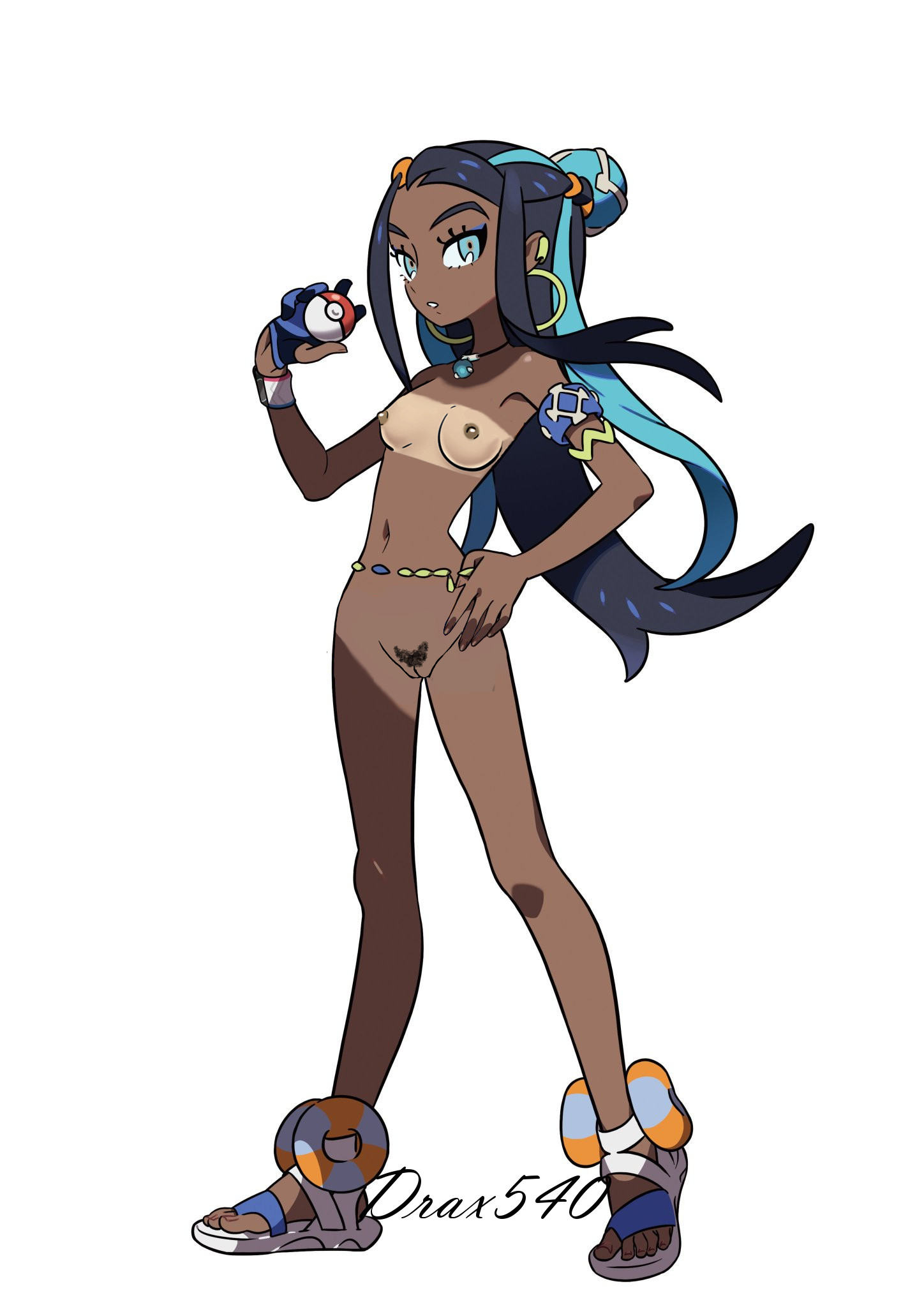1girls, 2d, belly, breasts, dark skin, dark-skinned female, edit, feet, female, female only, gloves, human, nessa (pokemon), nintendo, nipples, nude, nude filter, open toe footwear, open toe shoes, poke ball, pokemon, pokemon ss, pubic hair, pussy, rurina (pokemon), sandals, small breasts, solo, source request, tan, tanlines, text, thin waist, toes, uncensored, vector trace, watermark, white background