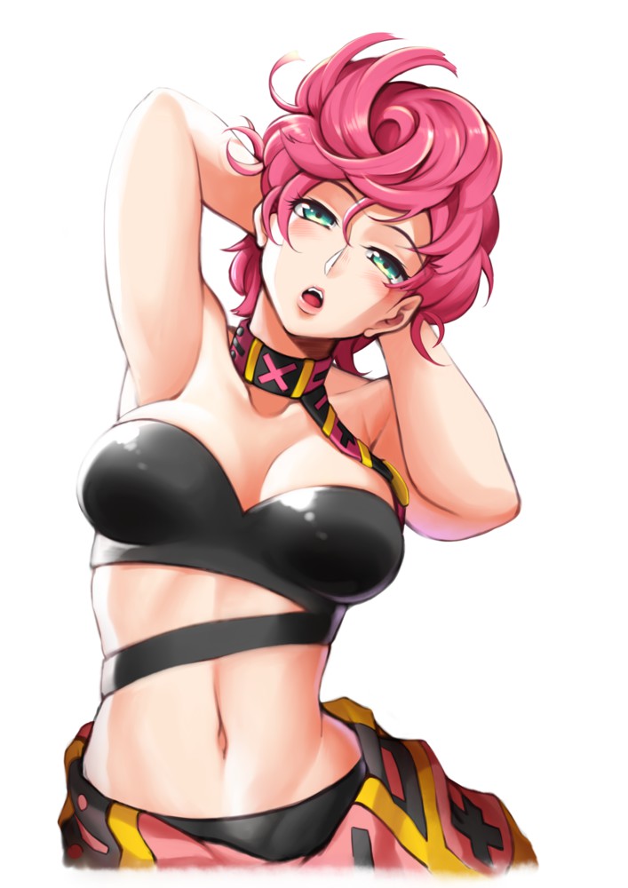 arms_behind_head bedroom_eyes breasts choker cleavage female female_only green_eyes jojo's_bizarre_adventure looking_at_viewer open_mouth pink_hair short_hair skirt solo trish_una vento_aureo yaobin_yang