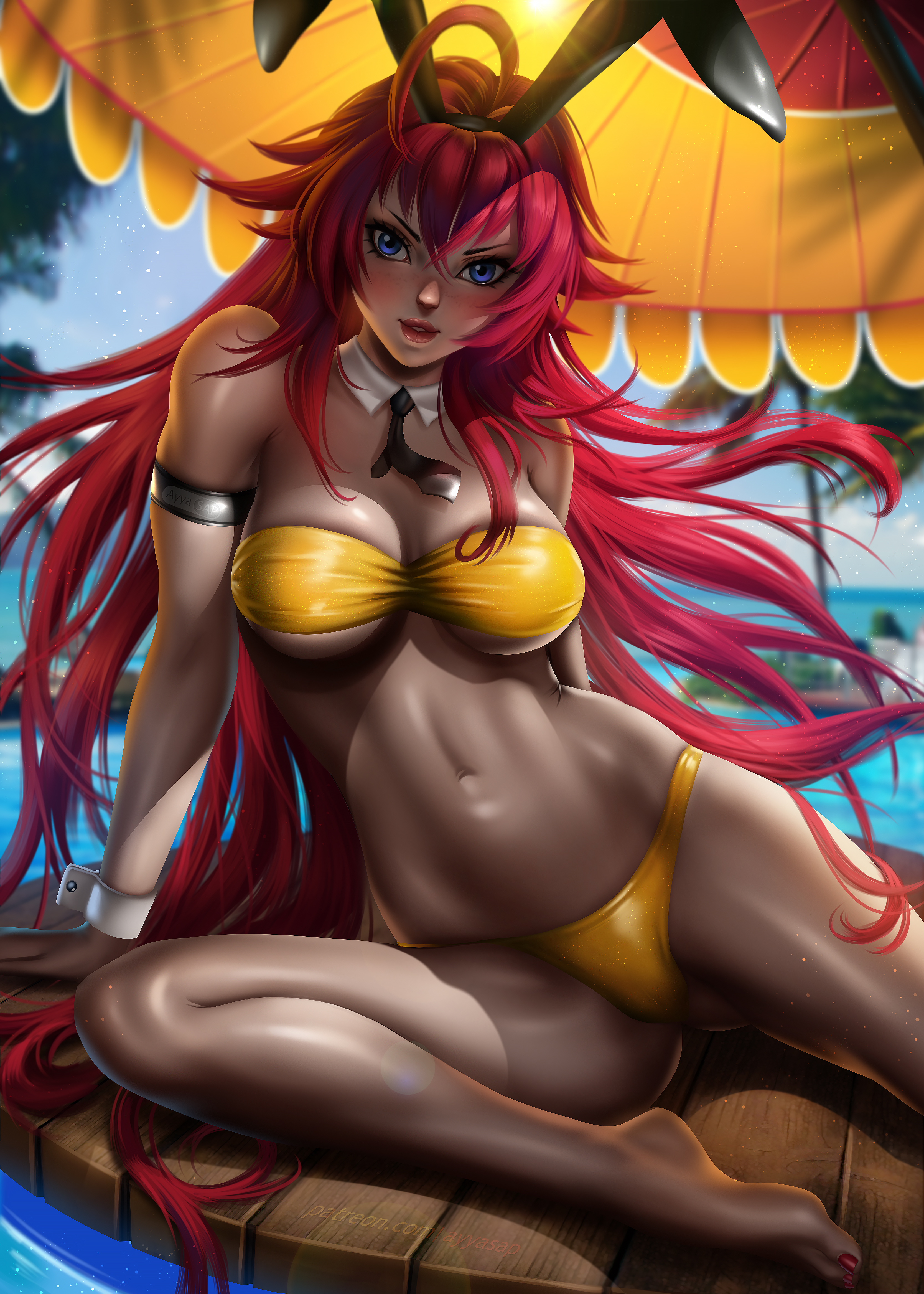 ayyasap, beach, big breasts, bikini, blue eyes, blush, breasts, female, female only, hi res, high school dxd, highres, lingerie, red hair, rias gremory, yellow bikini