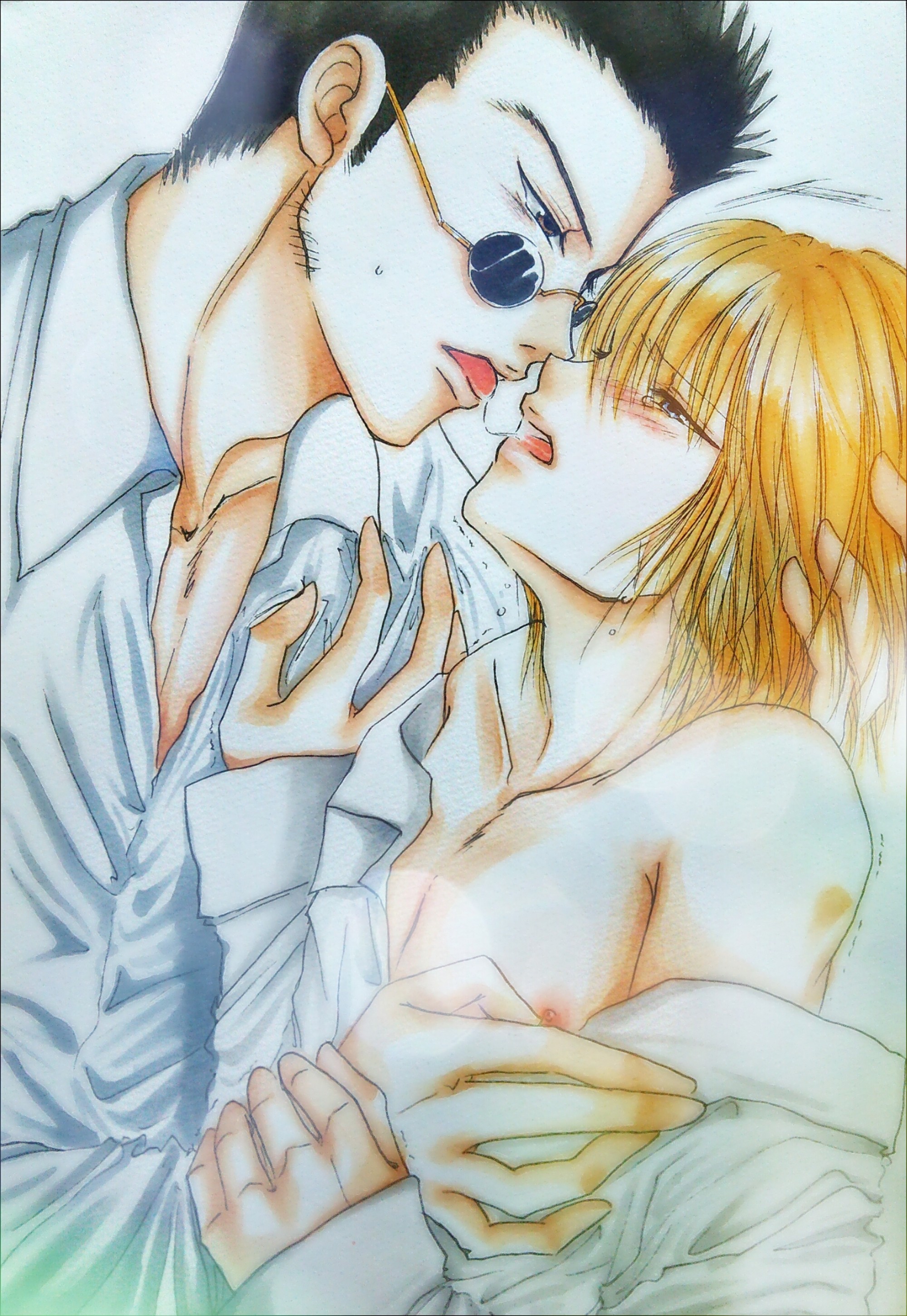 2boys, blonde hair, blush, couple, crying, crying with eyes open, deep kissing, effeminate, eye contact, french kiss, french kissing, gay, glasses, happy sex, homosexual, hunter x hunter, kissing, kurapika, leorio paladiknight, looking at another, male, male only, male/male, muscles, nipple tweak, romantic, romantic couple, saliva, saliva trail, yaoi