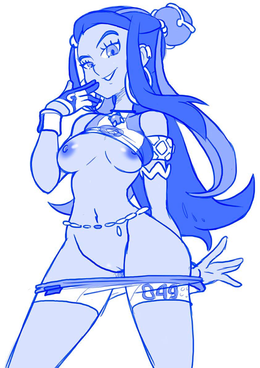 1girls, breasts, breasts out, clothed, dark skin, dark-skinned female, female, female only, gloves, gym leader, human, long hair, looking at viewer, monochrome, nessa (pokemon), nintendo, pokemon, pokemon ss, pussy, rurina (pokemon), shirt, shirt lift, shorts, shorts down, sketch, smile, uncensored, wide hips, witchking00