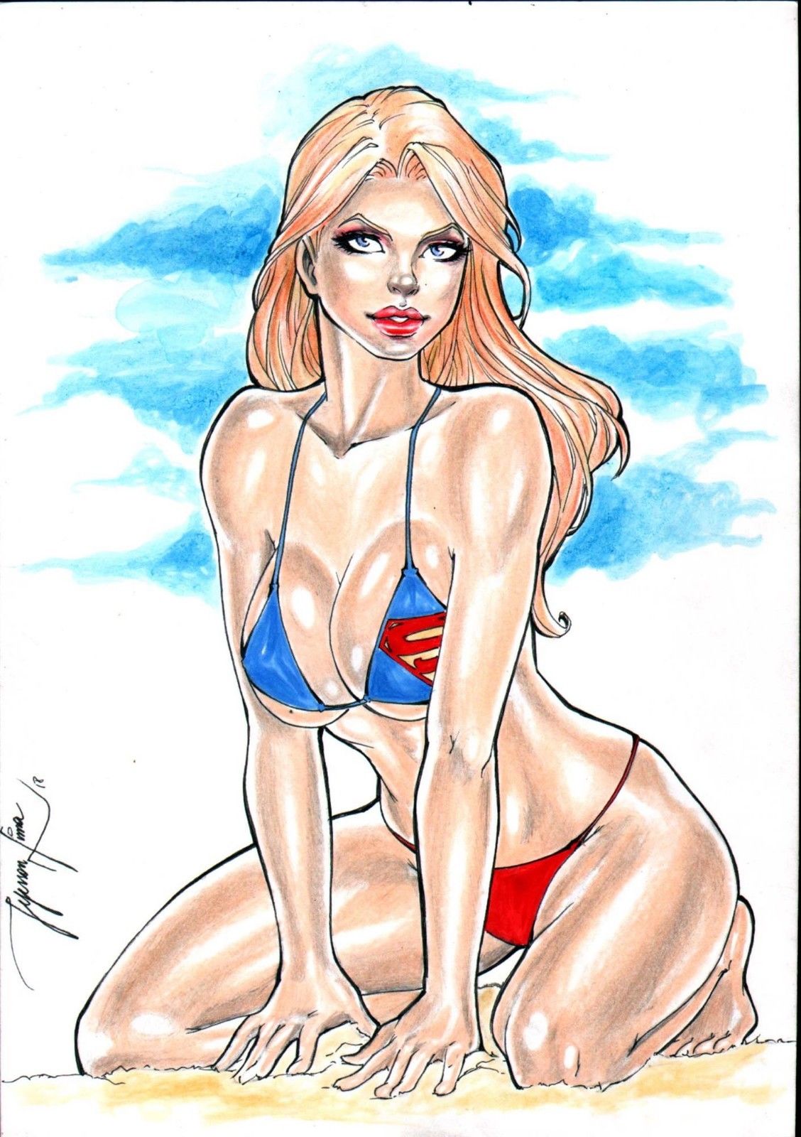 1girls 2018 argoan beach big_breasts bikini blonde_hair blue_bikini_top blue_bra blue_eyes breasts busty curvaceous curvy dated dc dc_comics ed_benes_studio erect_nipples female female_only jeferson_lima kara_zor-el kneeling kryptonian long_hair nipple_bulge nipples nipples_visible_through_clothing panties pinup red_bikini_bottom red_lips red_lipstick red_panties revealing_clothes sand signature solo supergirl supergirl_bikini superheroine superman_(series) thick_thighs thighs voluptuous