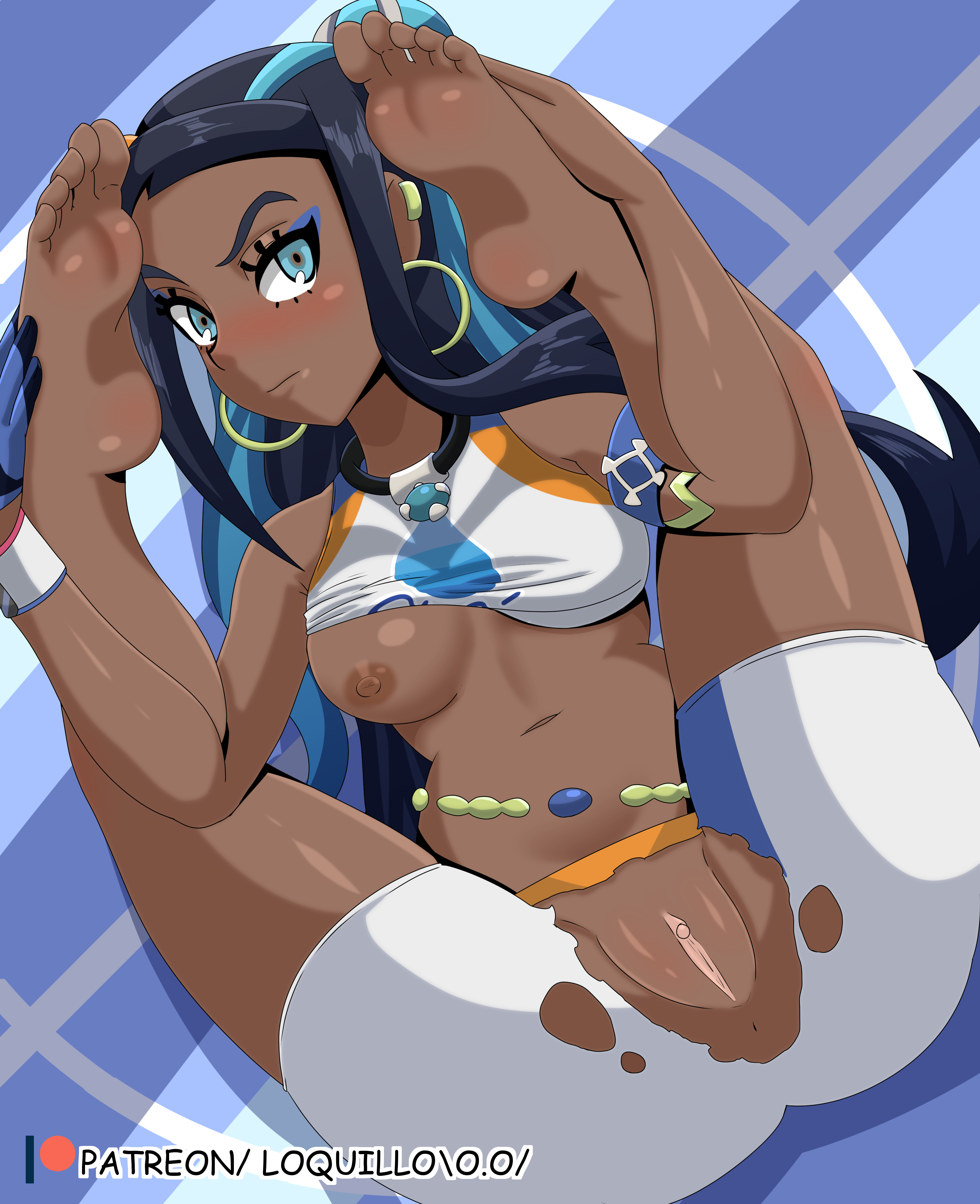1girls, anus, areolae, armpits, bad id, bare shoulders, barefoot, belly, big eyes, black hair, black-haired female, blue eyes, blue hair, blush, bracelet, breasts, clitoris, clothed, clothes, color, dark skin, dark-skinned female, earrings, eye contact, eyelashes, eyeshadow, feet, female, female only, gloves, gym leader, human, legs up, long hair, looking at viewer, loquillo, makeup, midriff, navel, necklace, nessa (pokemon), nintendo, nipples, on back, one breast out, patreon, pokemon, pokemon ss, pussy, rurina (pokemon), shirt, shirt lift, shorts, soles, solo, text, toes, torn clothes, uncensored, url, watermark, wide hips