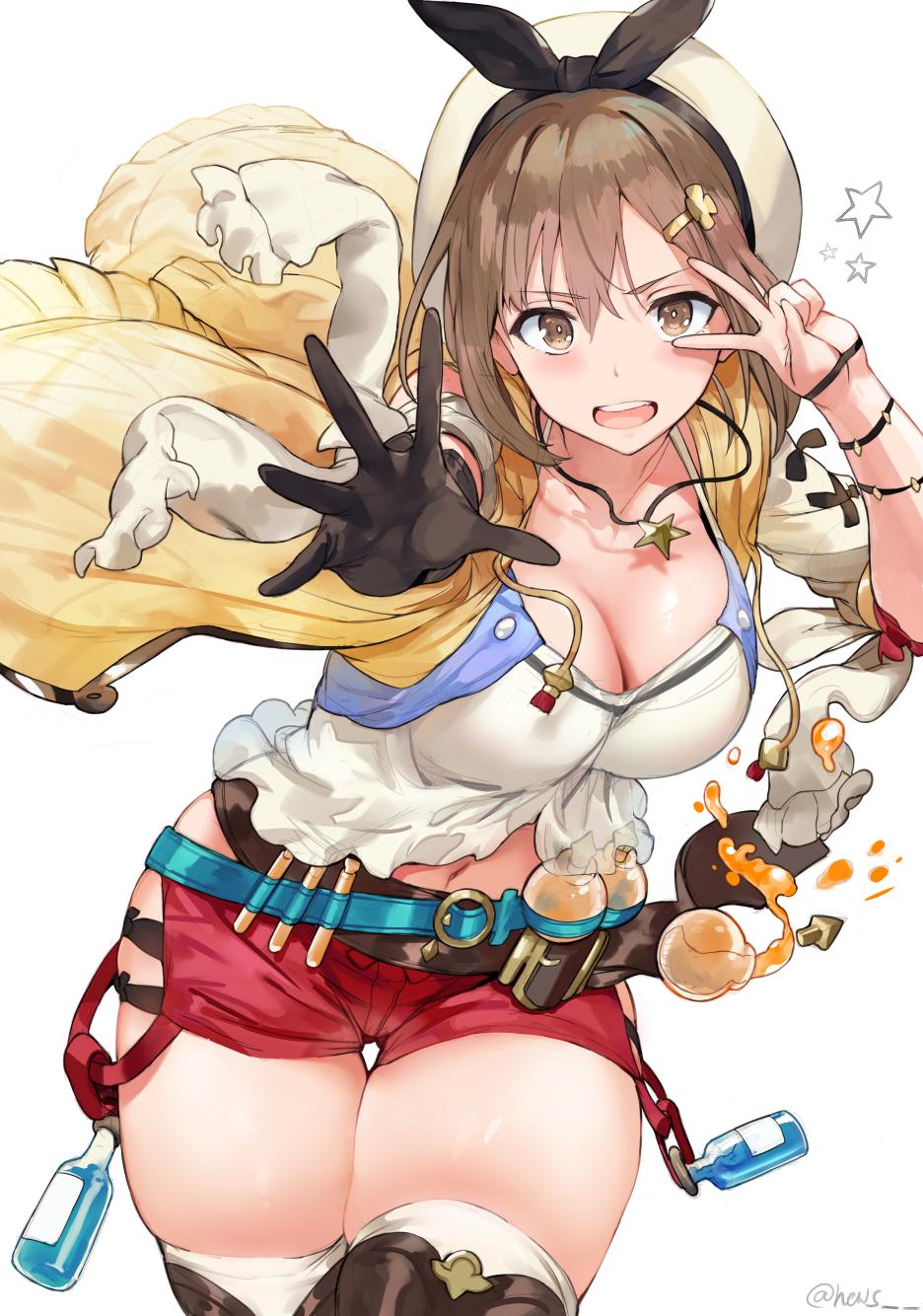 1girls, atelier (series), atelier ryza, bangs, belt, black hairband, black ribbon, blue belt, blush, breasts, brown eyes, brown gloves, brown hair, buckle, cleavage, collarbone, commentary request, cowboy shot, female, gloves, hair ornament, hair ribbon, hairband, hairclip, hands up, hews hack, highres, jacket, jewelry, large breasts, leather, leather belt, leather gloves, liquid, long sleeves, looking at viewer, navel, navel cutout, necklace, o-ring belt, open clothes, open jacket, open mouth, outstretched arm, outstretched hand, red shorts, reisalin stout, ribbon, round-bottom flask, sfw, shirt, short shorts, shorts, simple background, single glove, skindentation, solo, spilling, standing, star, star necklace, teeth, thick thighs, thigh gap, thighhighs, thighs, twitter username, v, v-shaped eyebrows, vial, white background, white headwear, white shirt, wind, yellow jacket
