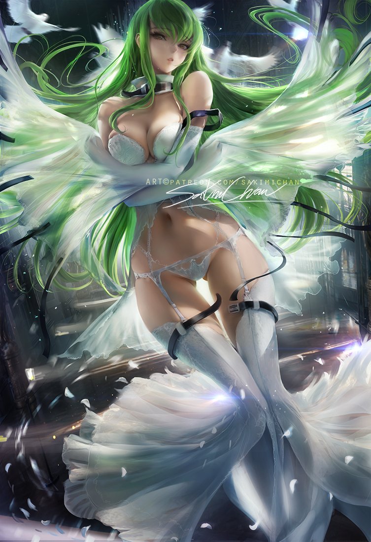 1girls, bra, breasts, c.c., cleavage, code geass, female, female only, green hair, holding breast, holding breasts, looking at viewer, sakimichan, underwear, wings