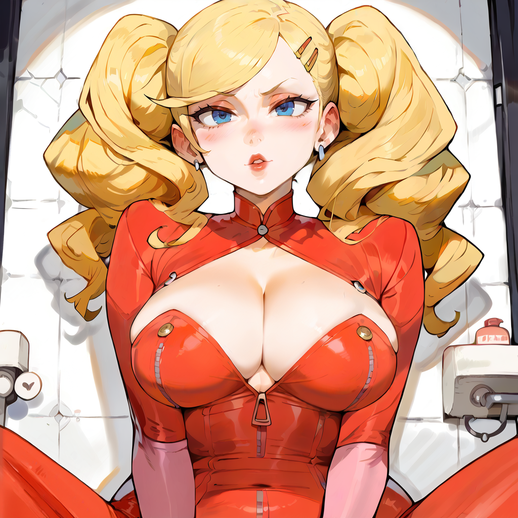 ai_generated ann_takamaki big_breasts blush close-up clothed large_breasts roboprai sitting